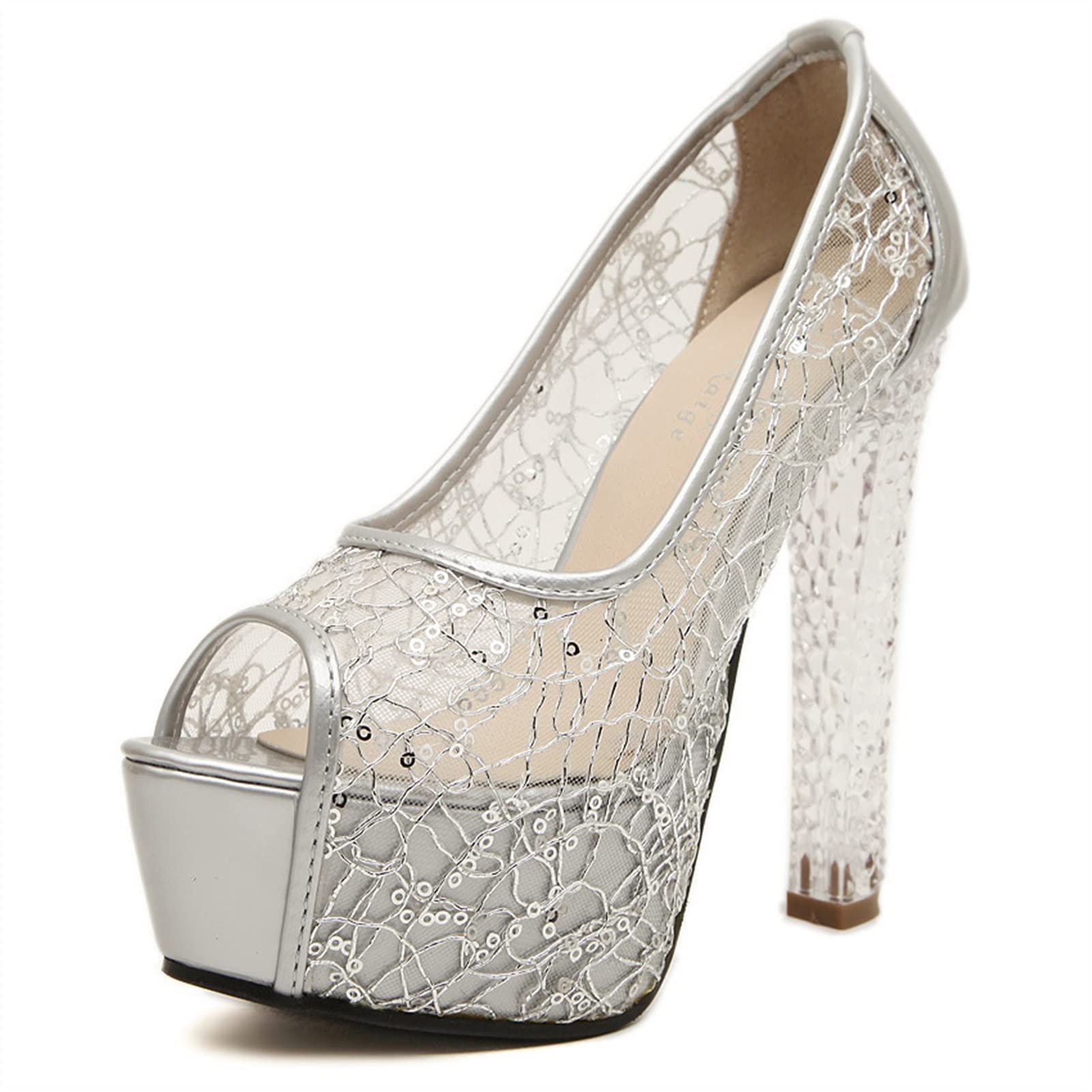 Luxury Crystal Heel Sheer Sandals for Women - Peep Toe Platform Stiletto Wedding Shoes, Sexy Mesh Dress Heels (Silver, Size 5) | Perfect for Bridal, Prom, Evening Parties & Special Occasions