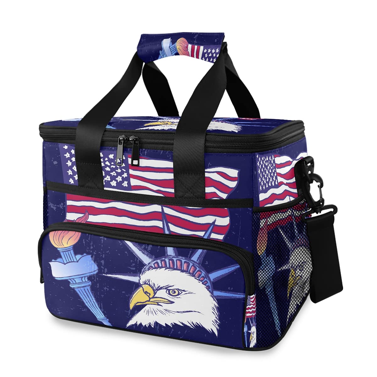 Large Insulated Cooler Bag with American Flag & Eagle Design - Waterproof, Leakproof Camping & Picnic Cooler Tote for Beach, Travel, Outdoor Adventures - Reusable Lunch Box for Work, School & BBQs