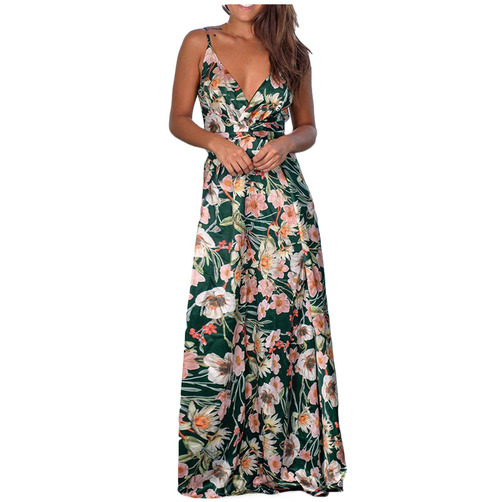Women's Summer Floral Print V-Neck Halter Midi Dress - Vintage Sleeveless Casual Party Dress for Beach, Wedding & Outdoor Events
