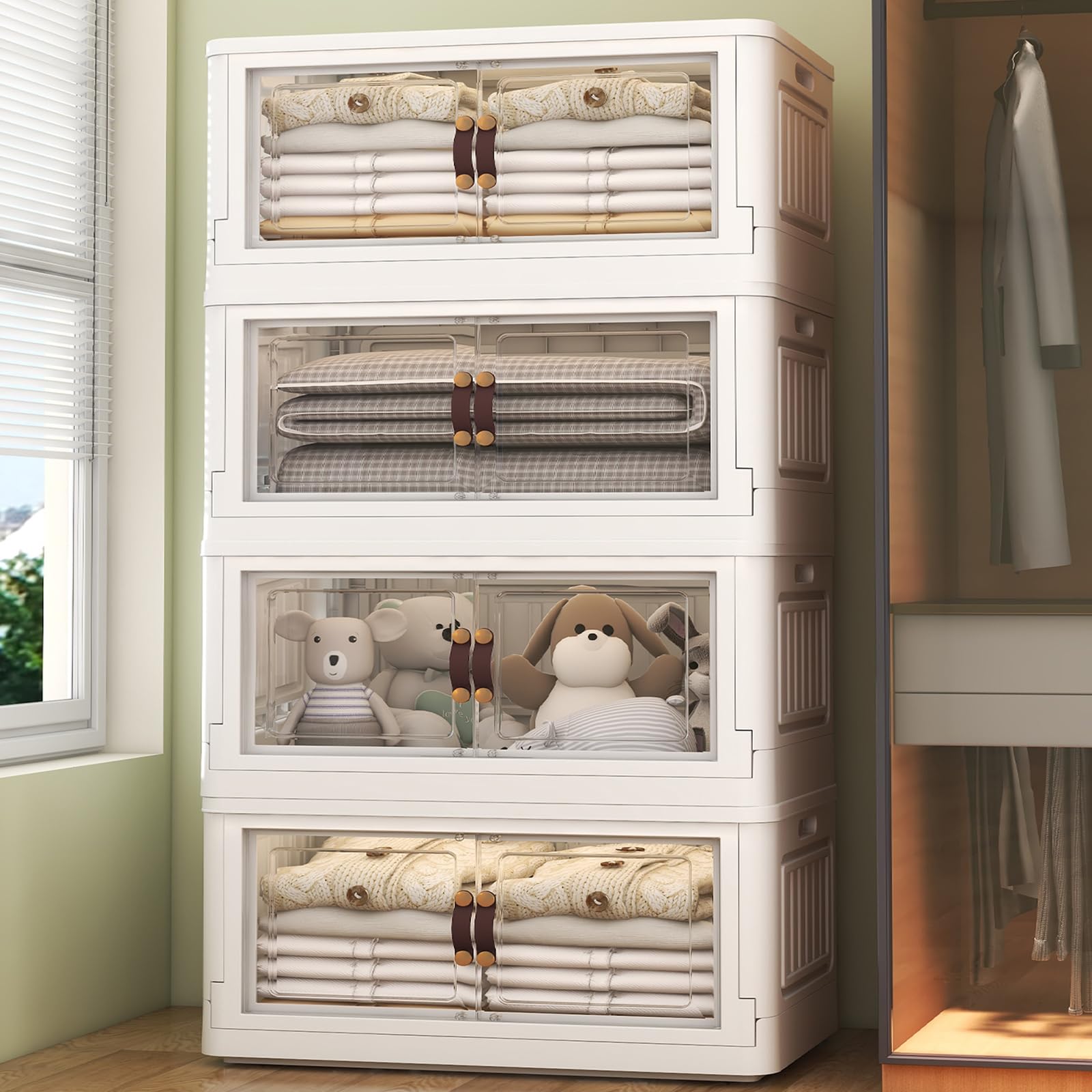 4-Pack 78 Qt White Stackable Storage Bins with Wheels & Lids - Double Door Collapsible Organizers for Closet, Home & Office - Perfect for Seasonal Storage, Toys Organization & Space Saving Solutions