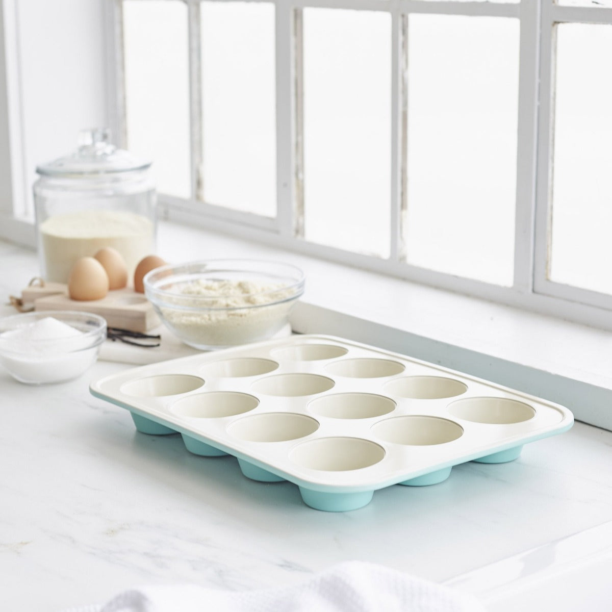 GreenLife Ceramic Nonstick Muffin Pan - 12 Cup Non-Toxic Baking Tray, Turquoise | Perfect for Cupcakes, Muffins & Mini Quiches | Dishwasher Safe & PFOA Free