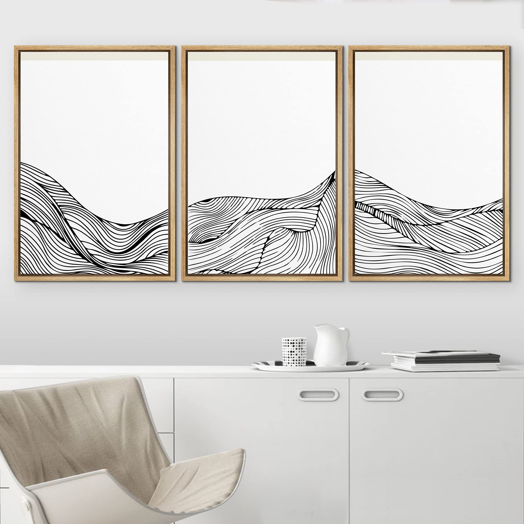 Abstract Black and White Swirling Spiral Mountain Landscape Framed Wall Art Print Set - Minimalist Wilderness Illustrations for Living Room, Bedroom & Office Decor - 24x36 Inches (3 Panels) - Perfect for Modern Home, Office & Apartment Interior Design