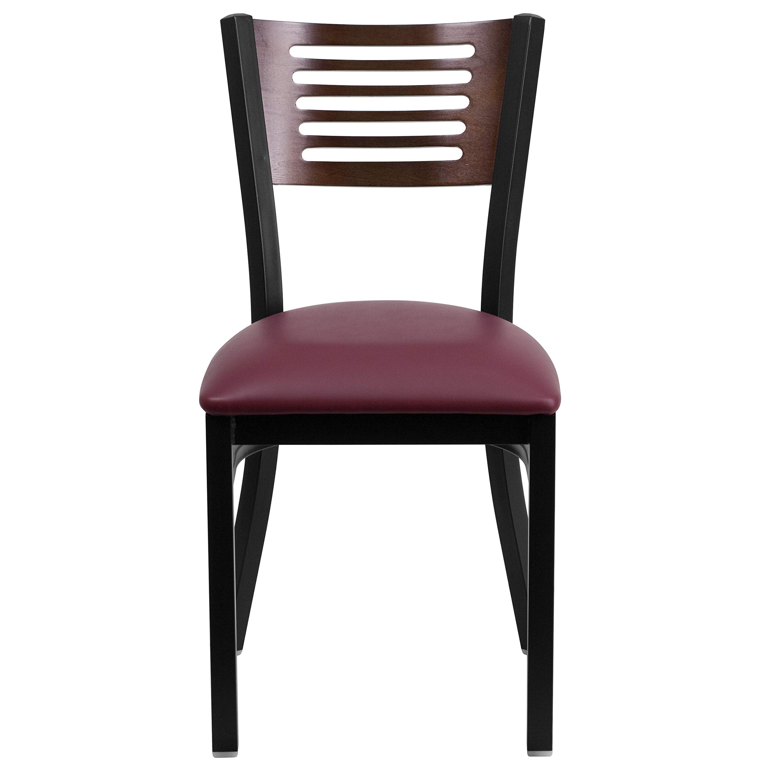 2 Pack Black Slat Back Metal Restaurant Chairs - Walnut Wood Back, Burgundy Vinyl Upholstered Seat - Durable Dining Chairs for Restaurants, Cafes, and Home Kitchens
