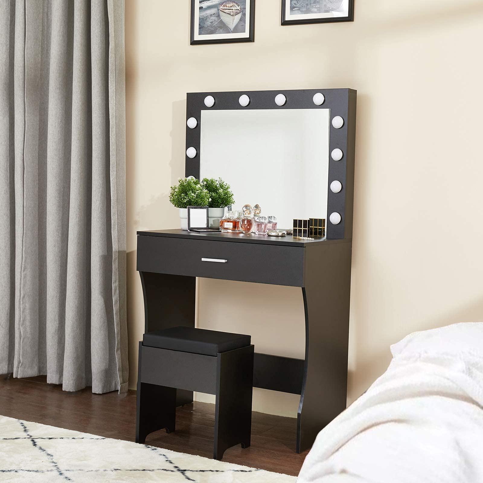 Black Vanity Desk with Mirror & LED Lights - Adjustable Brightness, Large Drawer & Sturdy Wood Makeup Vanity (31.5 Inch) - Perfect for Bedroom, Dressing Room & Beauty Salon