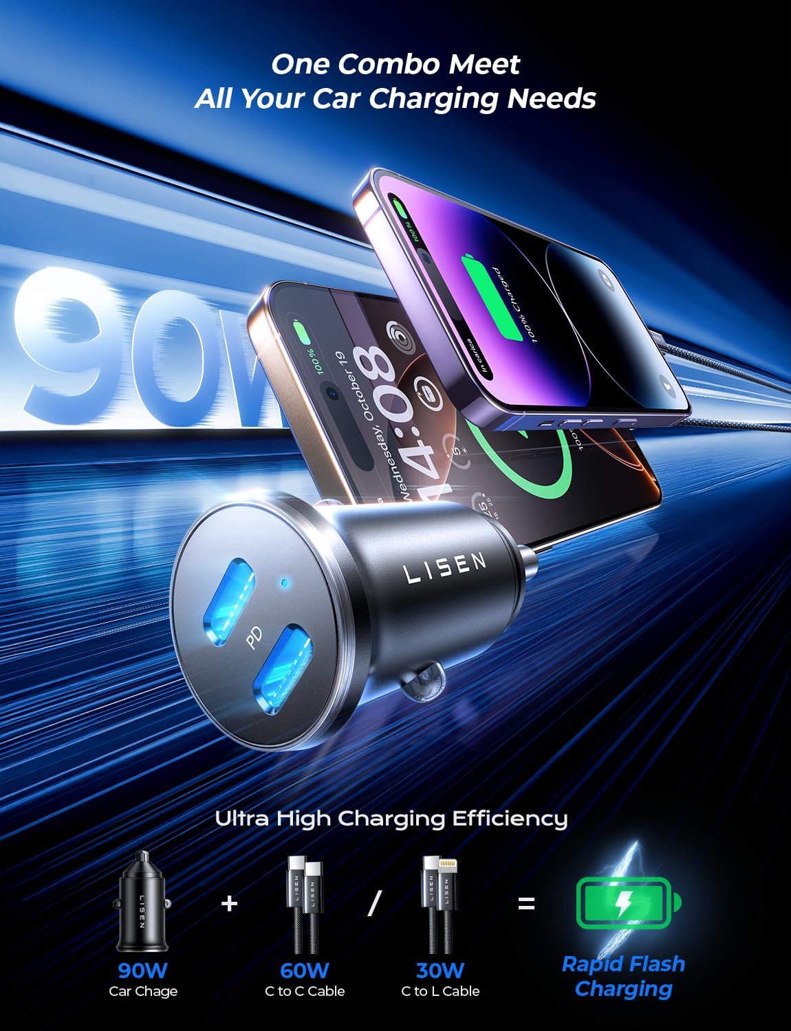LISEN 90W USB C Car Charger Fast Charging - Dual Port PD 45W Cigarette Lighter Adapter with USB C & Lightning Cable for iPhone 16/15/14/13/12, Samsung Galaxy, iPad - Super Fast Charging for Road Trips & Commuting
