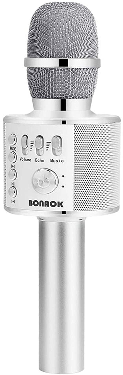 BONAOK Wireless Bluetooth Karaoke Microphone with Speaker - Portable 3-in-1 Handheld Mic for iPhone Android Smartphones, Perfect Gift for Kids Adults (Silver) - Ideal for Home Karaoke, Parties, Travel & Singing Practice