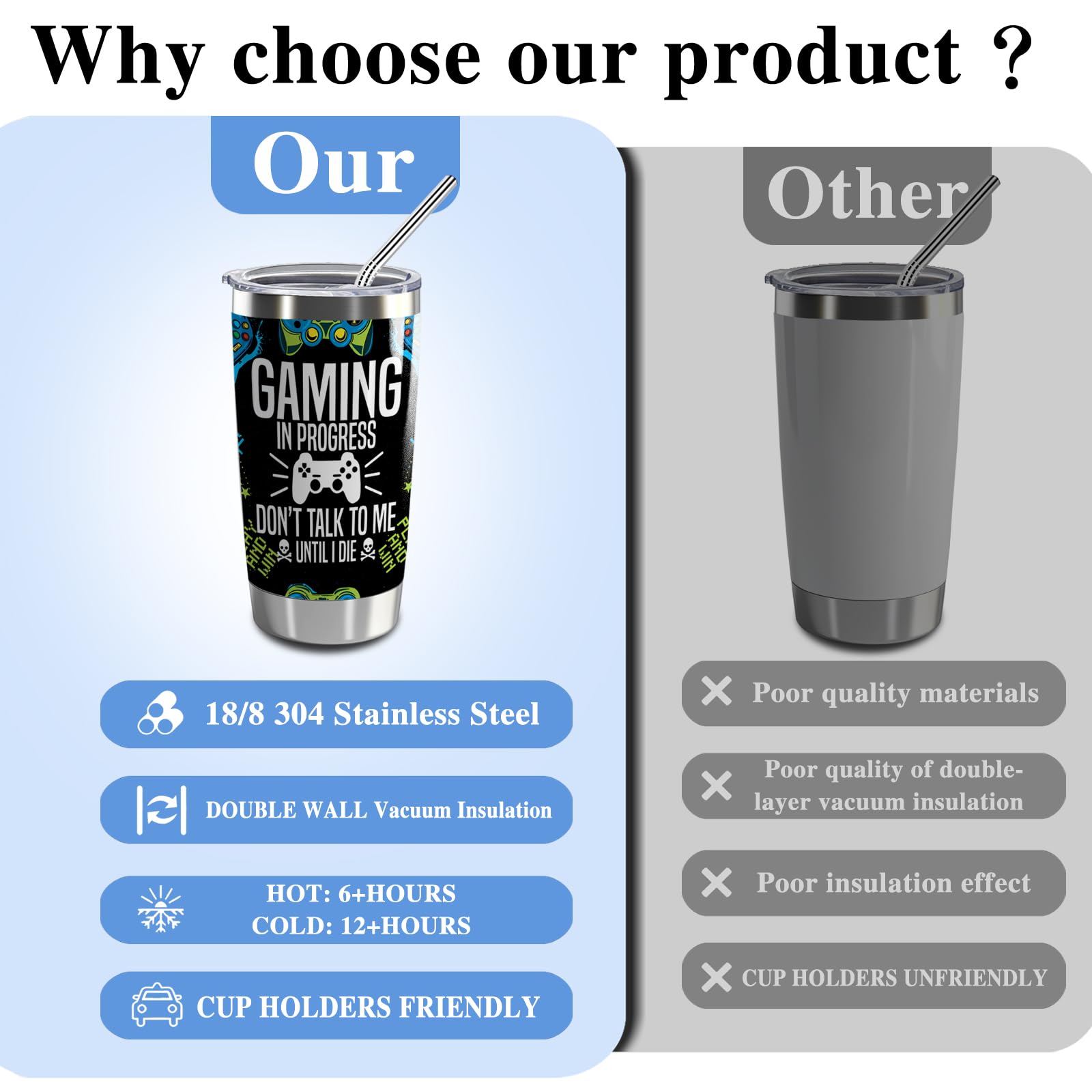 20oz Insulated Tumbler with Lid & Straw - Perfect Gaming Travel Mug for Gamers | Great Birthday Gift for Gamer Friends, Brothers, Boyfriends & Husbands | Ideal for Gaming Sessions, Office Use & Outdoor Adventures