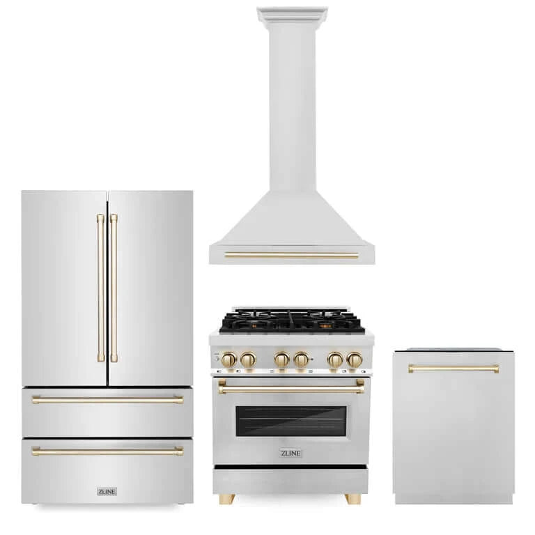 ZLINE Autograph Edition 30-inch Stainless Steel Kitchen Package - Dual Fuel Range, Range Hood, Dishwasher & French Door Refrigerator with Polished Gold Accents (4KAPR RARHDWM30 G) | Premium Luxury Kitchen Appliances for Modern Homes & Gourmet Cooking