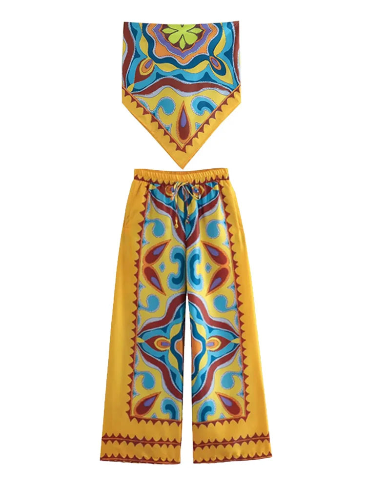 BlingBlingee Summer Printed Women's Wide Leg Pants & Satin Crop Top Set - Y2K Fashion Asymmetric Sleeveless Strapless Outfit for Beach, Party & Casual Wear