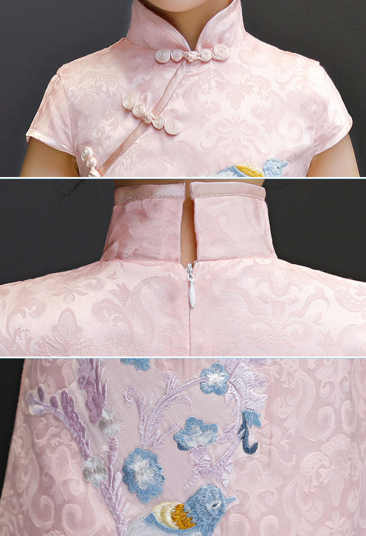 Pink Embroidered Chinese Cheongsam Qipao Dress for Girls - Traditional Kids' Party Dress for Chinese New Year, Birthday & Cultural Events