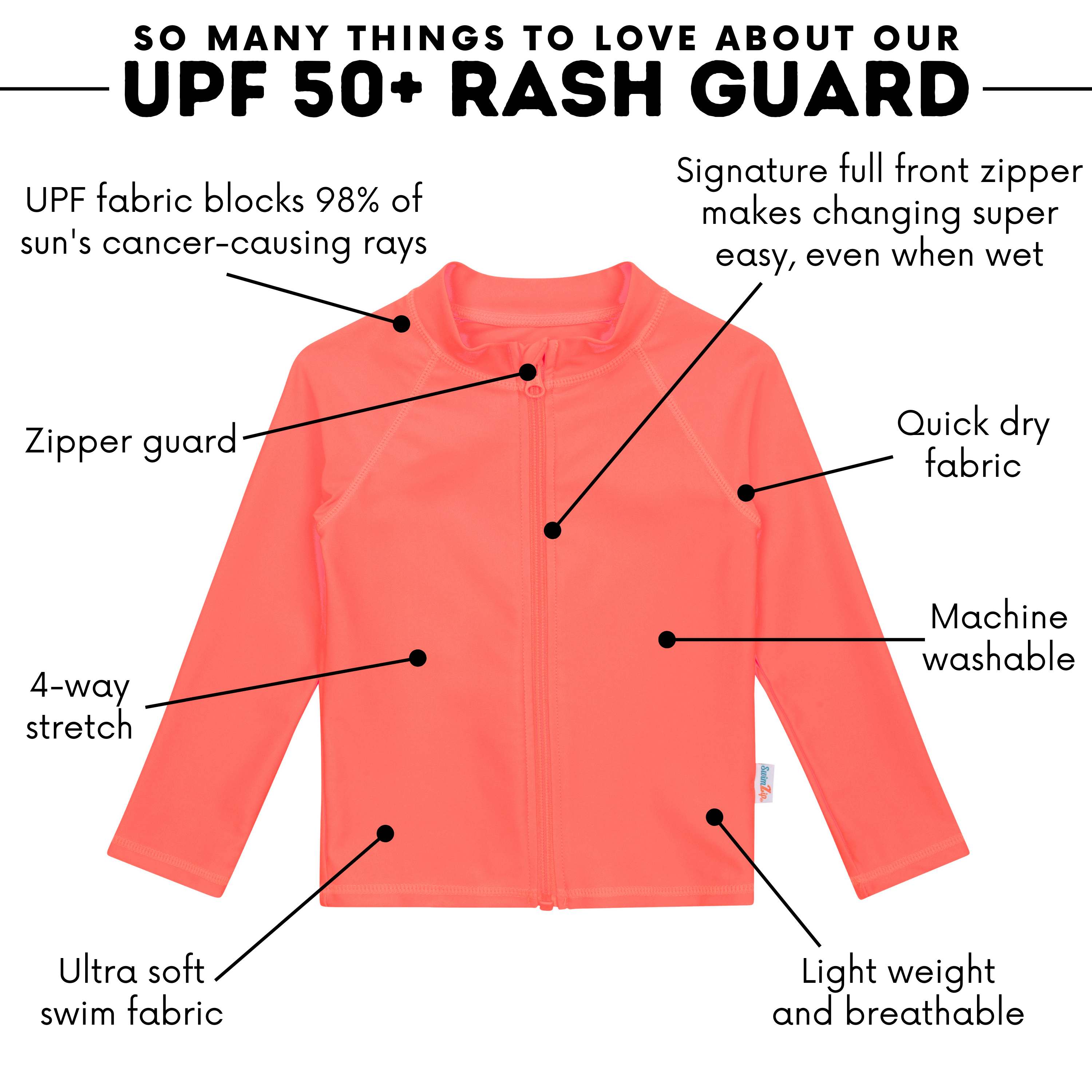 UPF 50+ Kids Long Sleeve Rash Guard Swim Shirt with Zipper - Neon Orange for Sun Protection at Beach, Pool & Water Sports