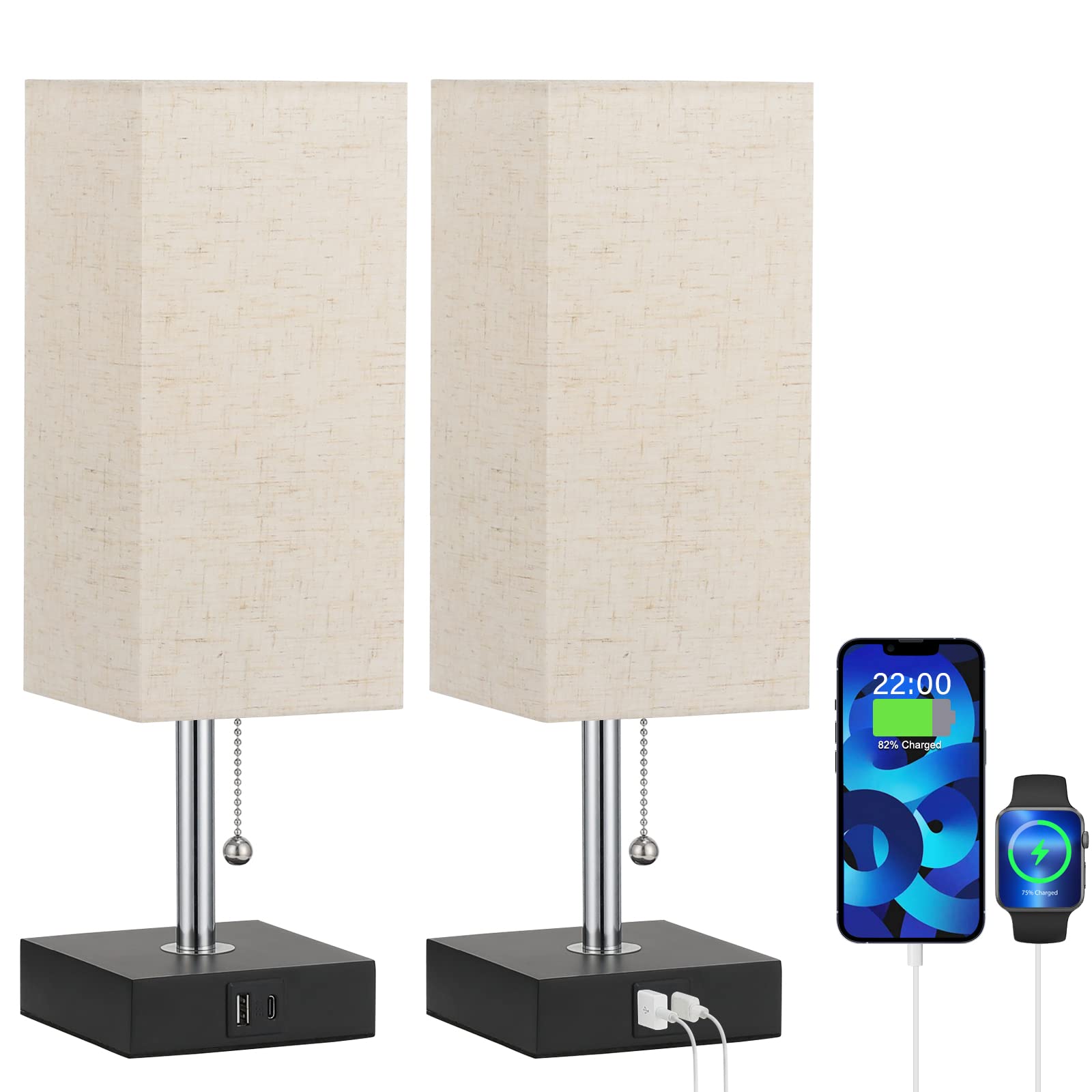2 Pack Bedside Table Lamps with USB Ports - Beige Fabric Shade Nightstand Lamps for Bedroom, Living Room, Home Office & Study - Dimmable Small Night Lights for Reading & Relaxation