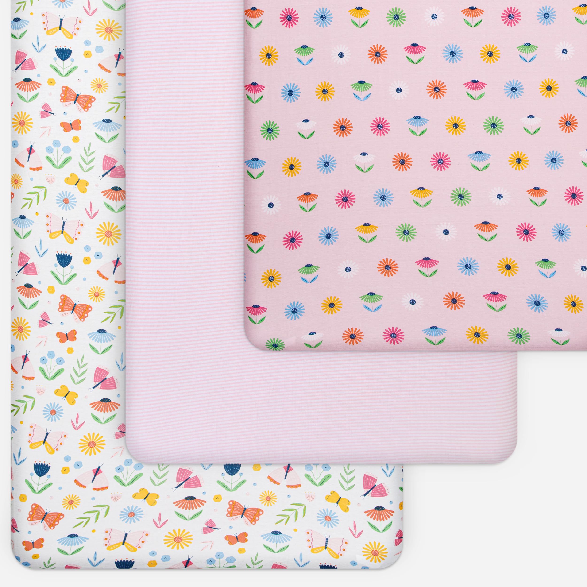 Soft Jersey Cotton Fitted Crib Sheets (3-Pack) - Pink & White Butterfly & Floral Nursery Bedding for Baby Girls | Toddler Bed & Crib Mattress Cover | Perfect for Nursery Decor, Baby Shower Gifts & Newborn Essentials