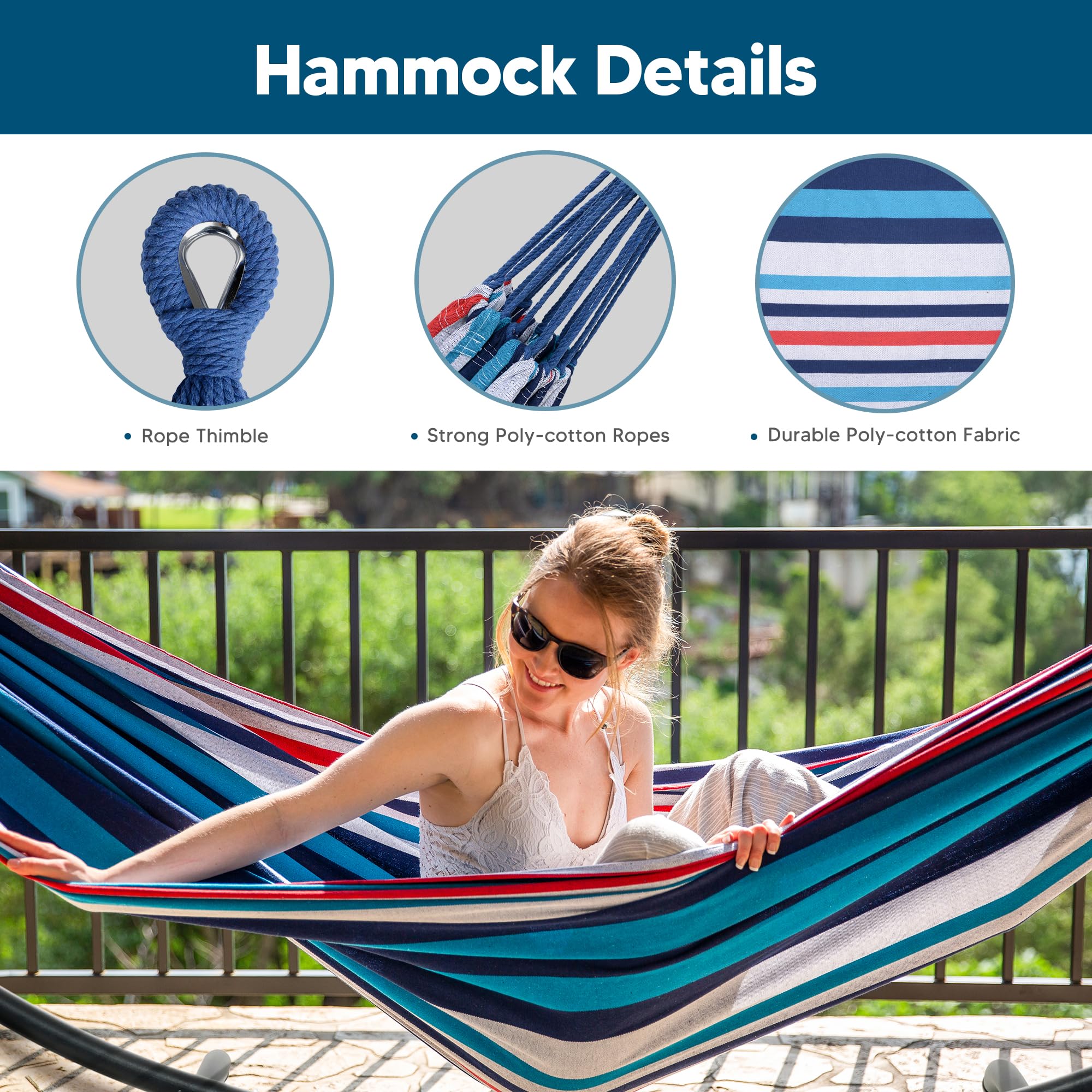 SUNCREAT Outdoor Hammock with Stand - 475 lbs Weight Capacity, Blue & Red Stripes - Perfect for Backyard, Patio, Porch, Camping & Relaxation