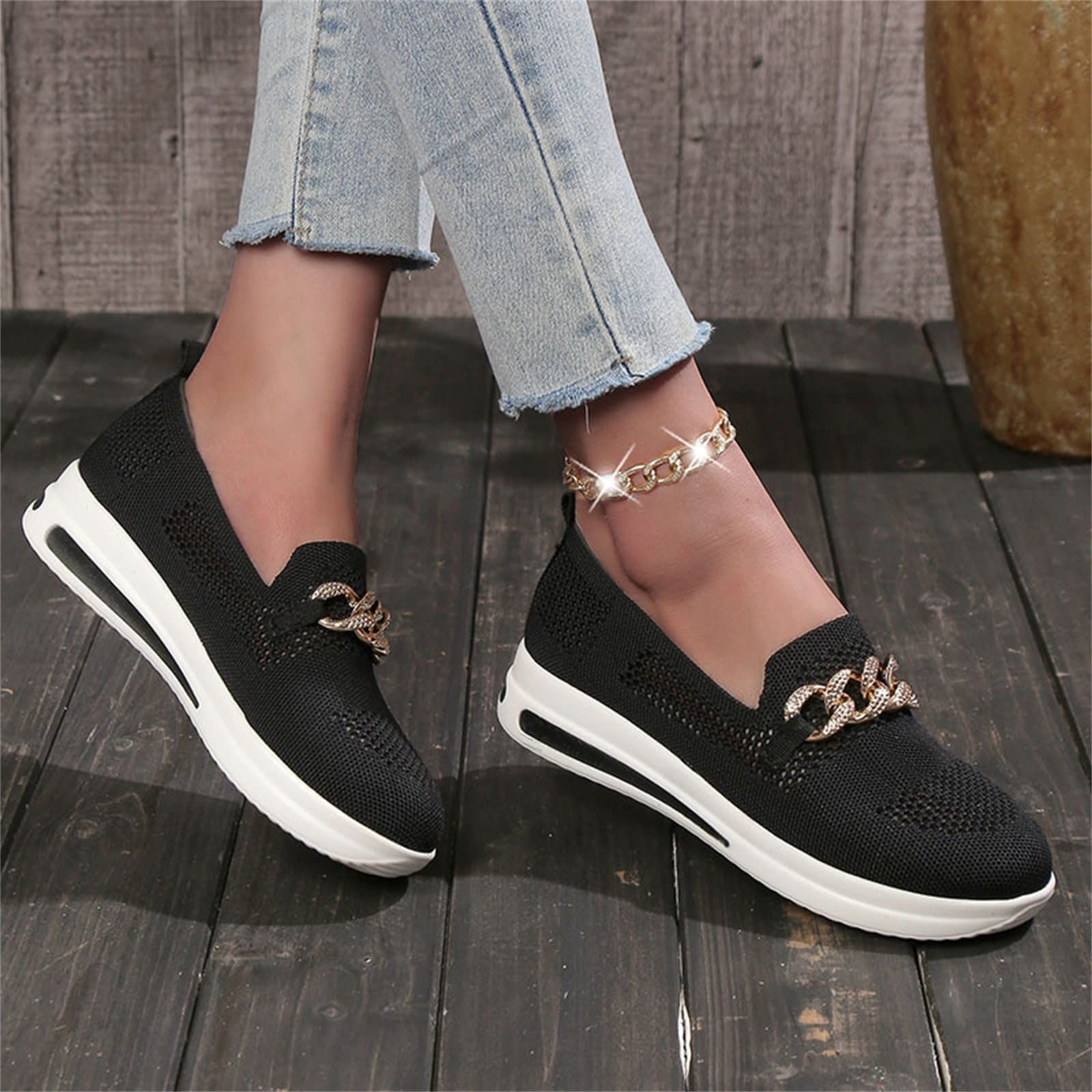 Women's Casual Sports Shoes - Breathable Mesh & Metal Chain Design, Thick Sole for Comfort, Arch Support Water Shoes | Perfect for Running, Gym Workouts & Outdoor Activities
