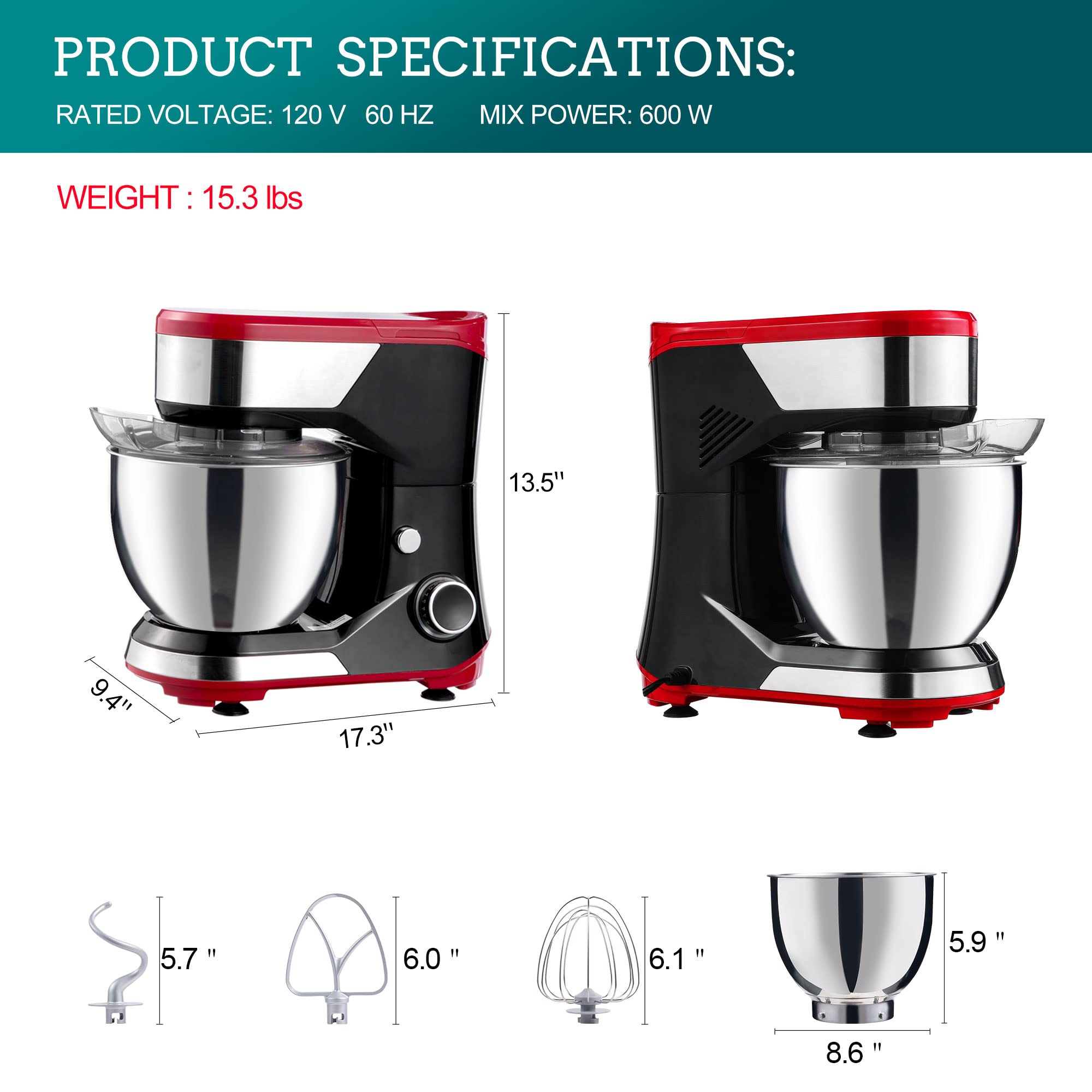 5.3QT Stand Mixer with Stainless Steel Bowl - 600W Copper Motor, 8 Speeds - Includes Dough Hook, Whisk & Beater - Perfect for Baking Bread, Cakes & Cookies - Ideal for Home Bakers & Kitchen Enthusiasts