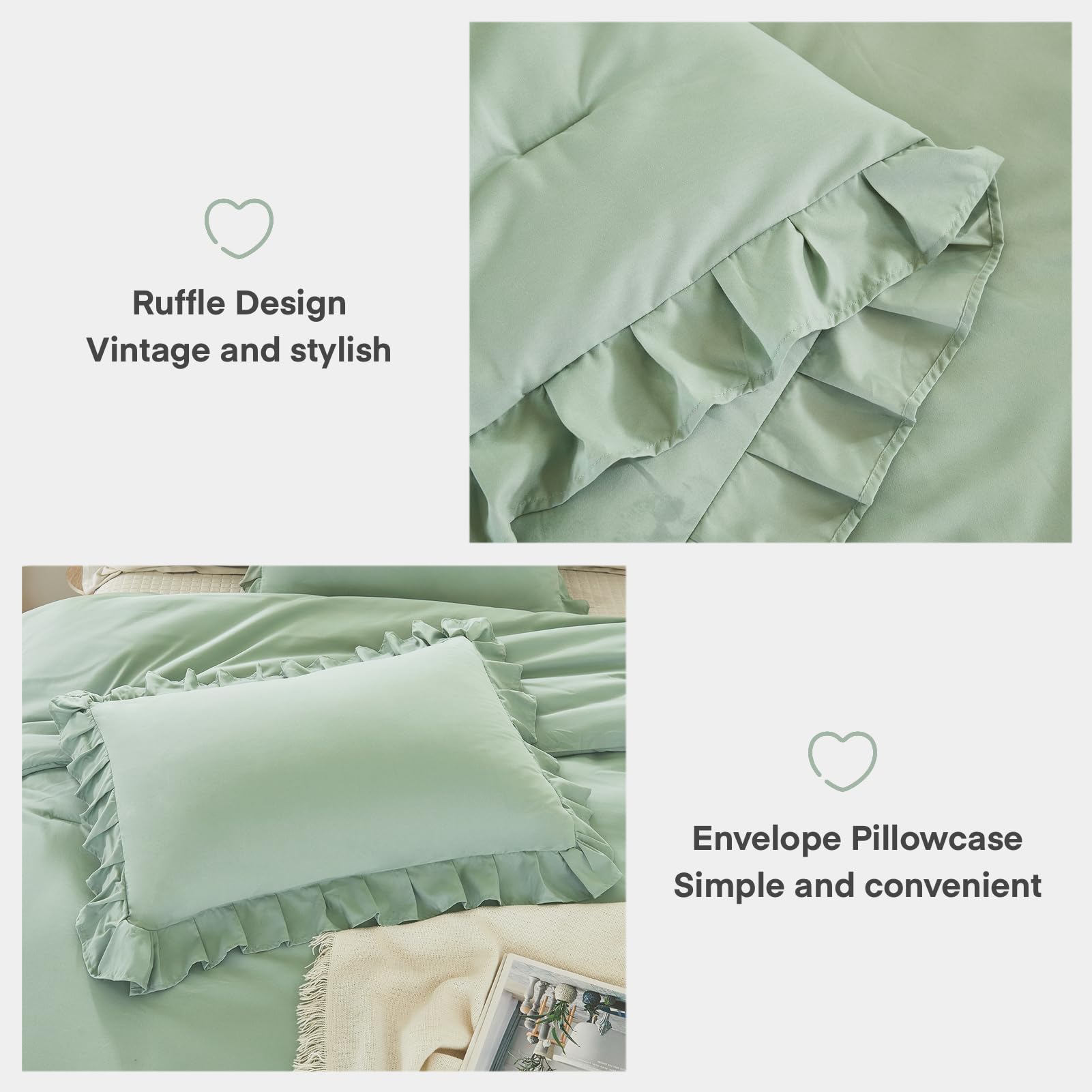 Andency Sage Green Comforter Set Full 3-Piece - Lightweight Soft Ruffle Bedding, Farmhouse Rustic Fluffy Microfiber Down Alternative Comforter (79x90 Inches) - Perfect for Guest Rooms, Master Bedrooms & Cozy Farmhouse Decor