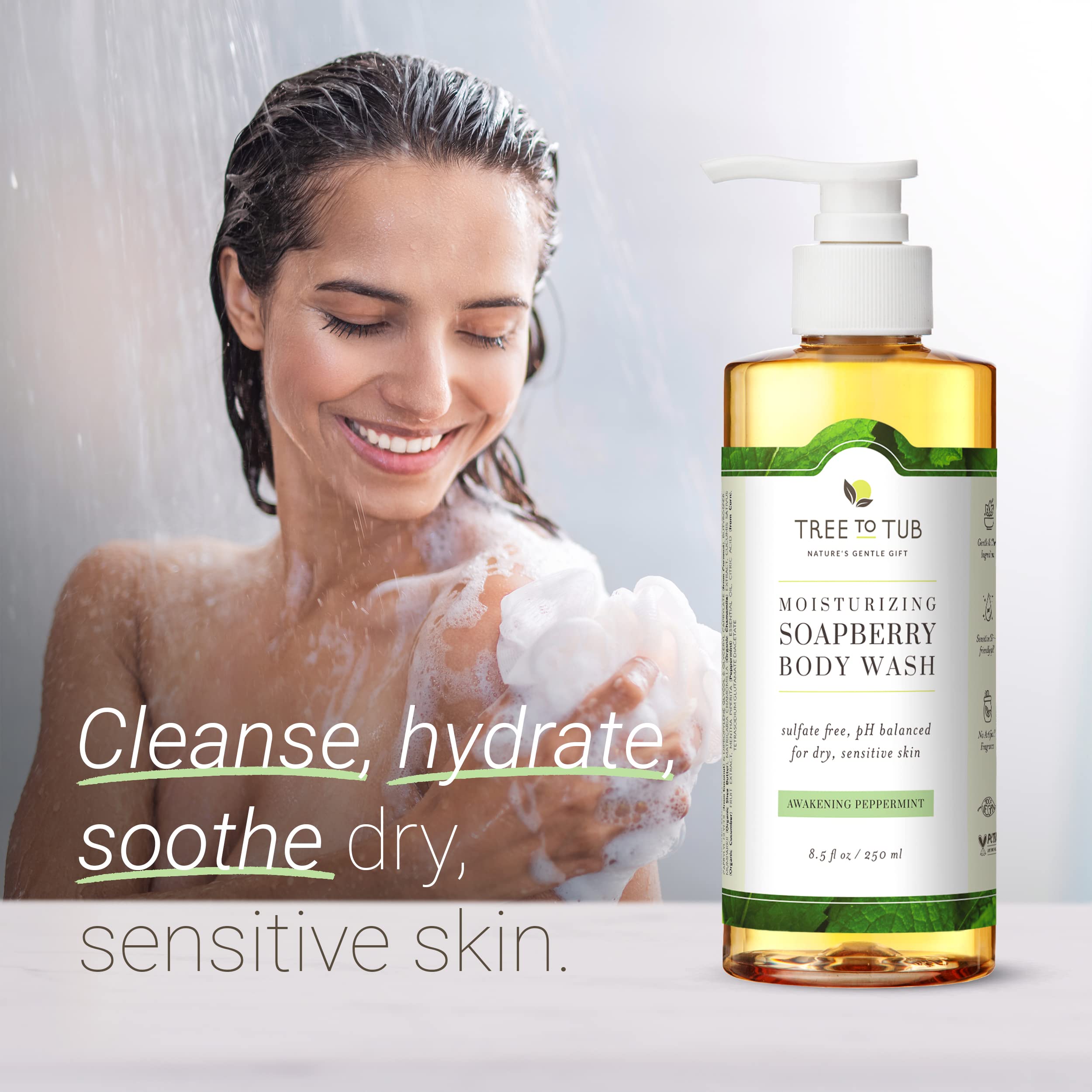 Tree to Tub Citrus & Peppermint Body Wash for Dry & Sensitive Skin - pH Balanced, Sulfate-Free, Vegan Moisturizing Body Wash with Organic Shea Butter for Women & Men - Perfect for Daily Hydration & Gentle Cleansing