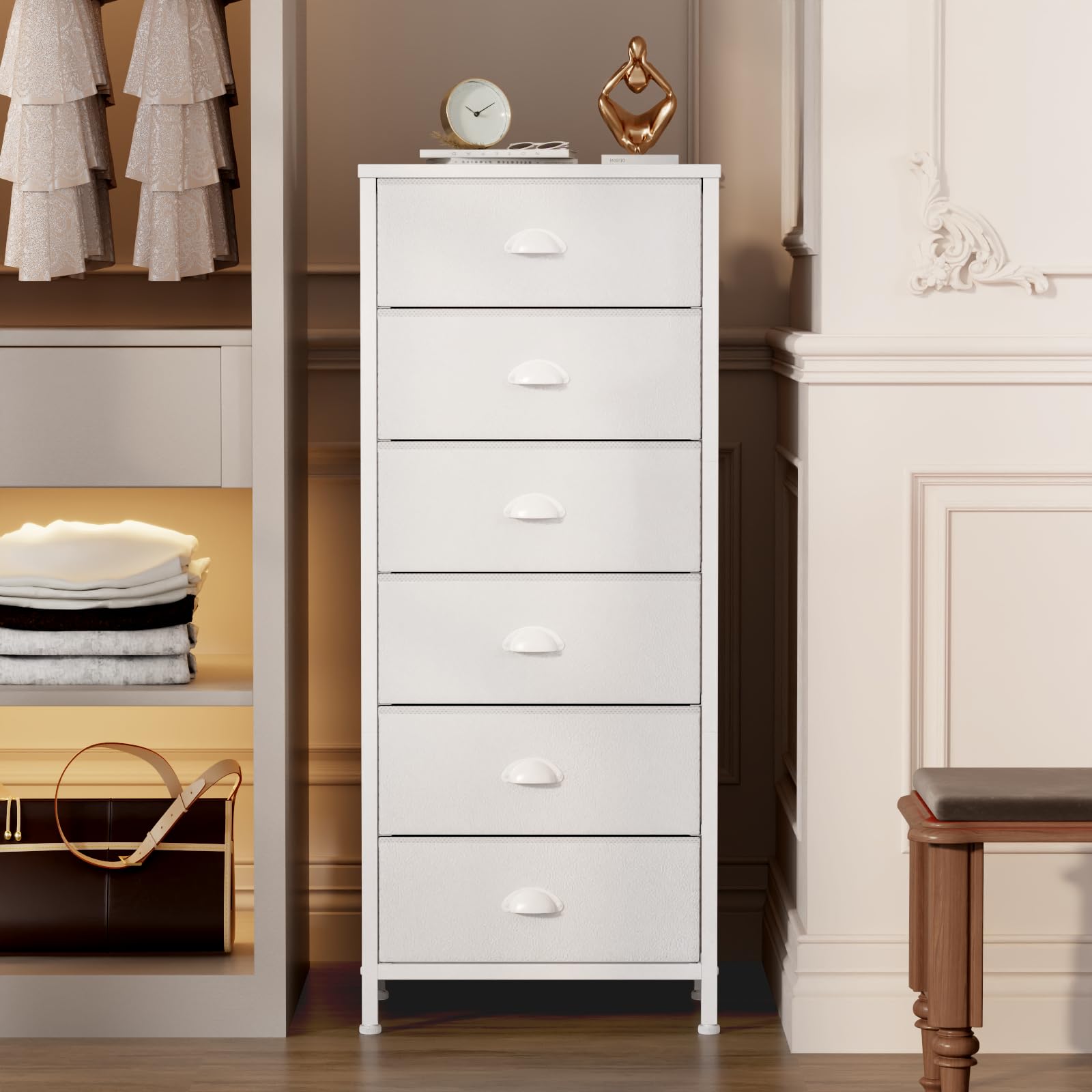 Furnulem White Tall Dresser for Bedroom - 6-Drawer Vertical Storage Tower & Nightstand with Fabric Organizer | Perfect for Bedroom, Living Room, Closet, Entryway & Hallway Organization