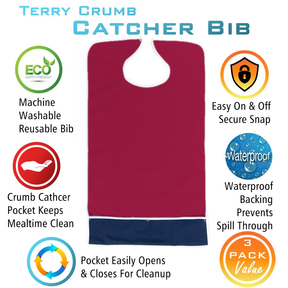 Waterproof Absorbent Terry Cloth Adult Bibs - Comfort Finds Crumb Catcher Bib for Mealtime Cleanliness - Clothing Protector for Dining & Feeding - Burgundy (3 Pack) - Perfect for Elderly Care, Special Needs & Messy Eaters