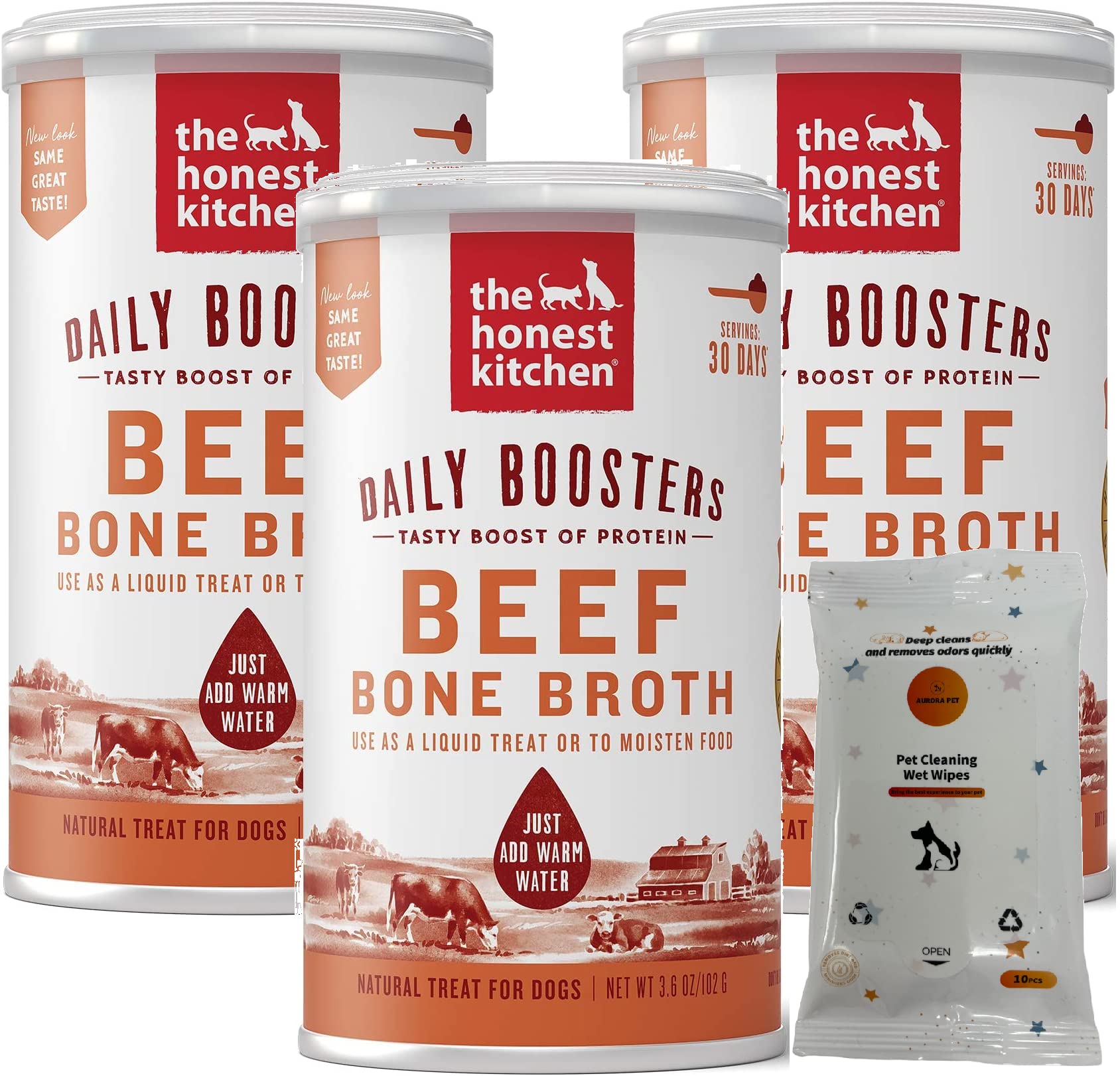 Aurora Pet Bundle Set - 3 Pack Daily Boosters Instant Beef Bone Broth with Turmeric & AuroraPet Wipes for Dogs | Healthy Hydration & Cleaning Solution for Active Pets at Home or Travel