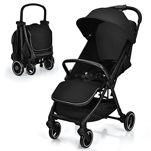 HONEY JOY Lightweight Compact Baby Stroller - One-Hand Gravity Fold, Adjustable Canopy & Backrest, Large Storage Basket - Foldable Travel Stroller for Airplane & Everyday Use (Black) | Perfect for Travel, Shopping, and Outdoor Adventures