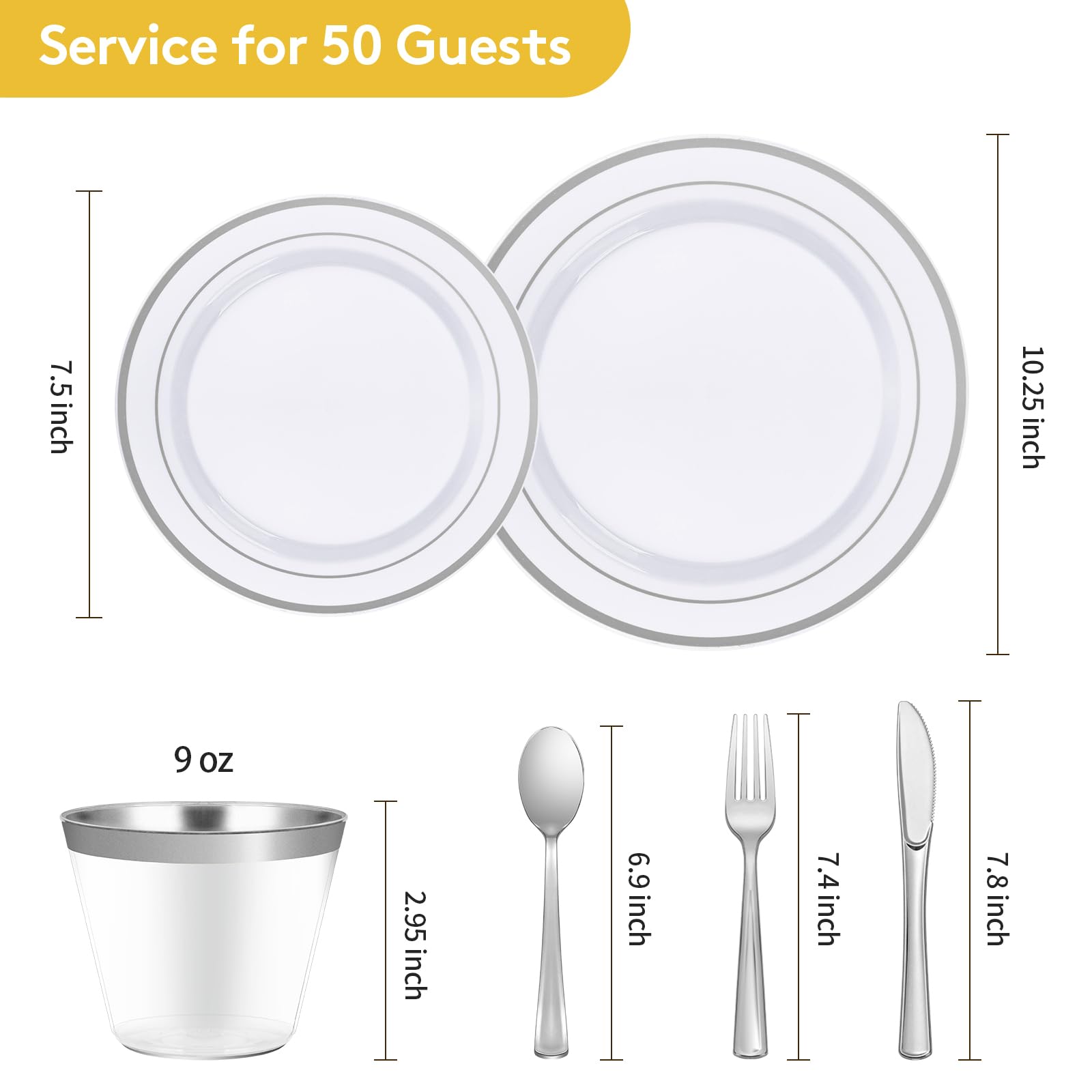 Goodluck 300-Piece Disposable Silver Plastic Dinnerware Set - 50 Dinner Plates, 50 Salad Plates, 50 Spoons, 50 Forks, 50 Knives & 50 Cups - Elegant Party Tableware for Weddings, Birthdays, Catering & Events