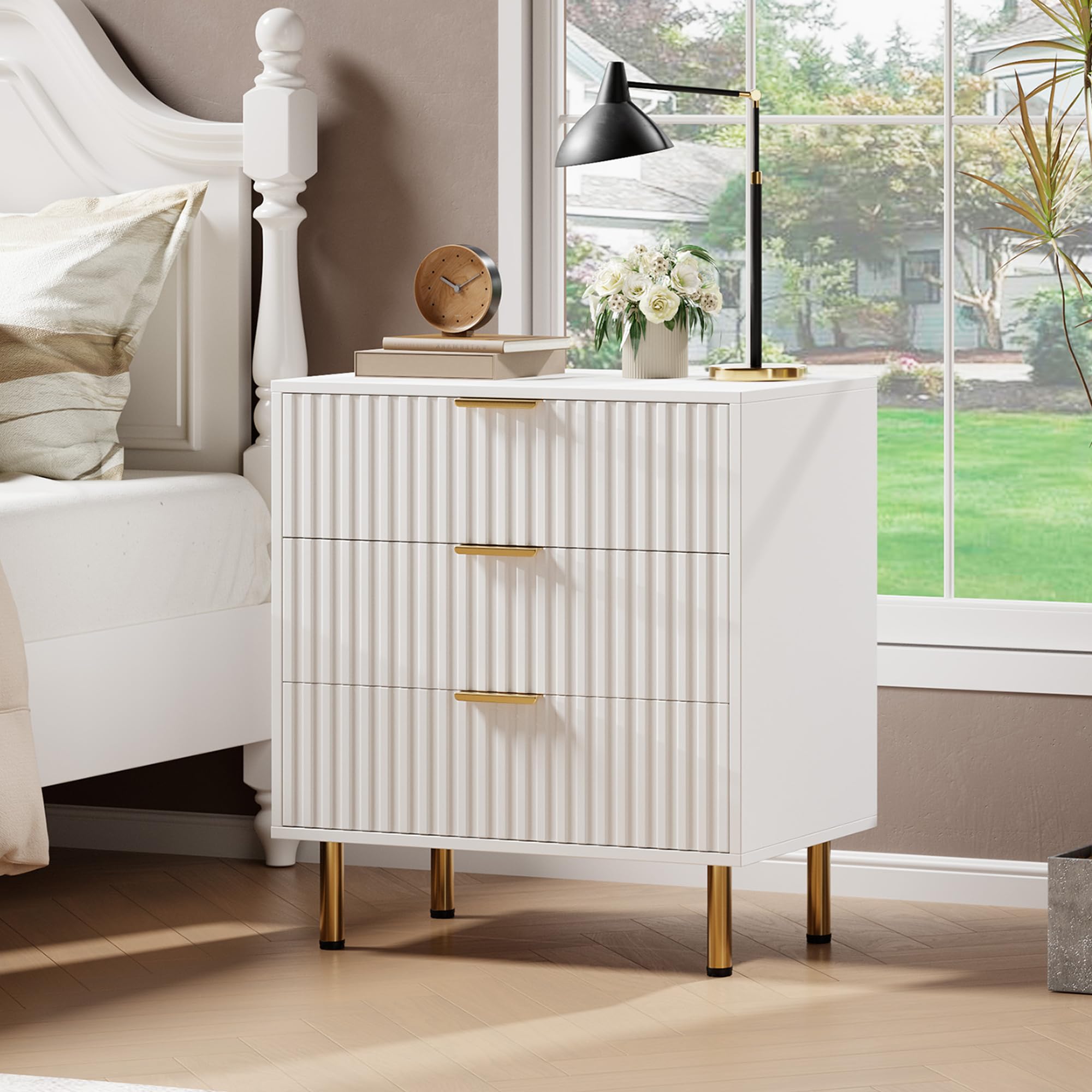 GARVEE 3-Drawer Dresser for Bedroom - Modern Wood Storage Chest with Gold Metal Handles, Anti-Tip Design, Large Nightstand Organizer - White | Perfect for Entryway, Hallway & Living Room Storage Solutions