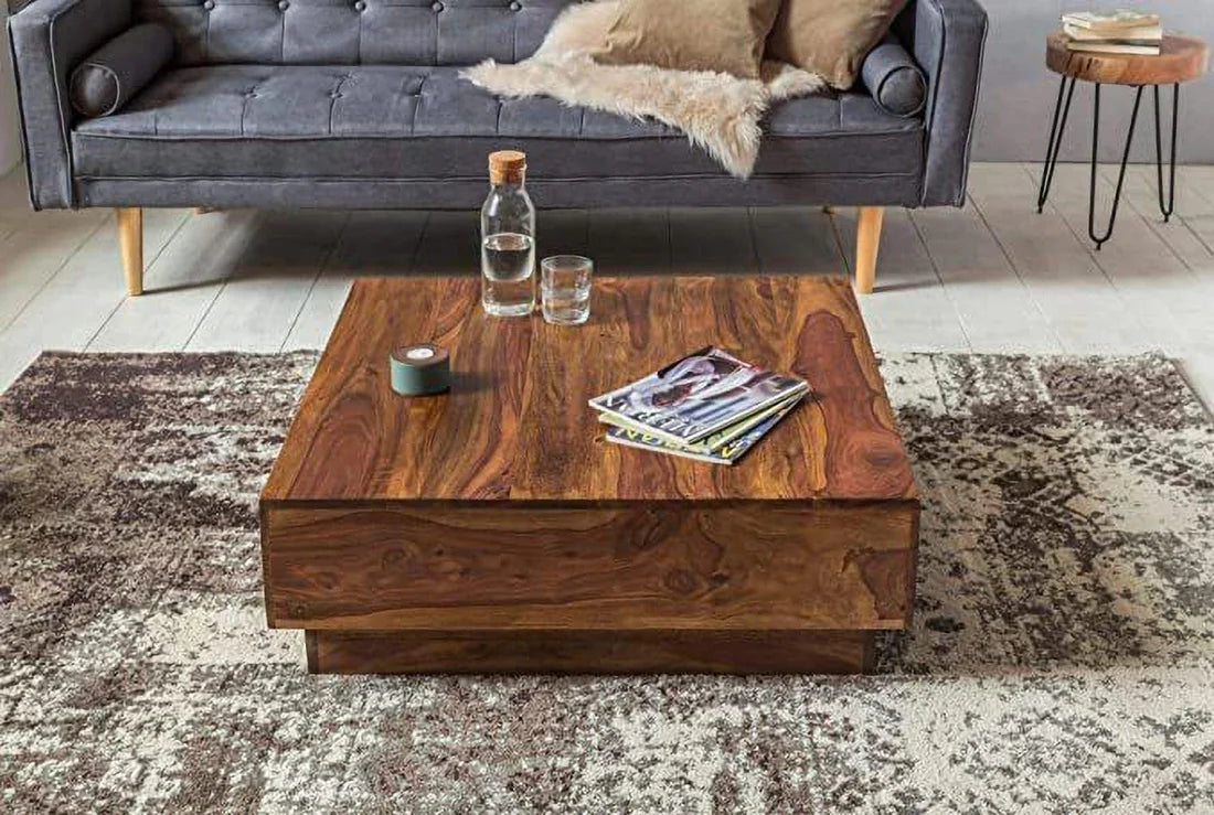Gfine Sheesham Wood Coffee Table 85x85x30cm - Modern Square Living Room Furniture for Home Decor & Small Space