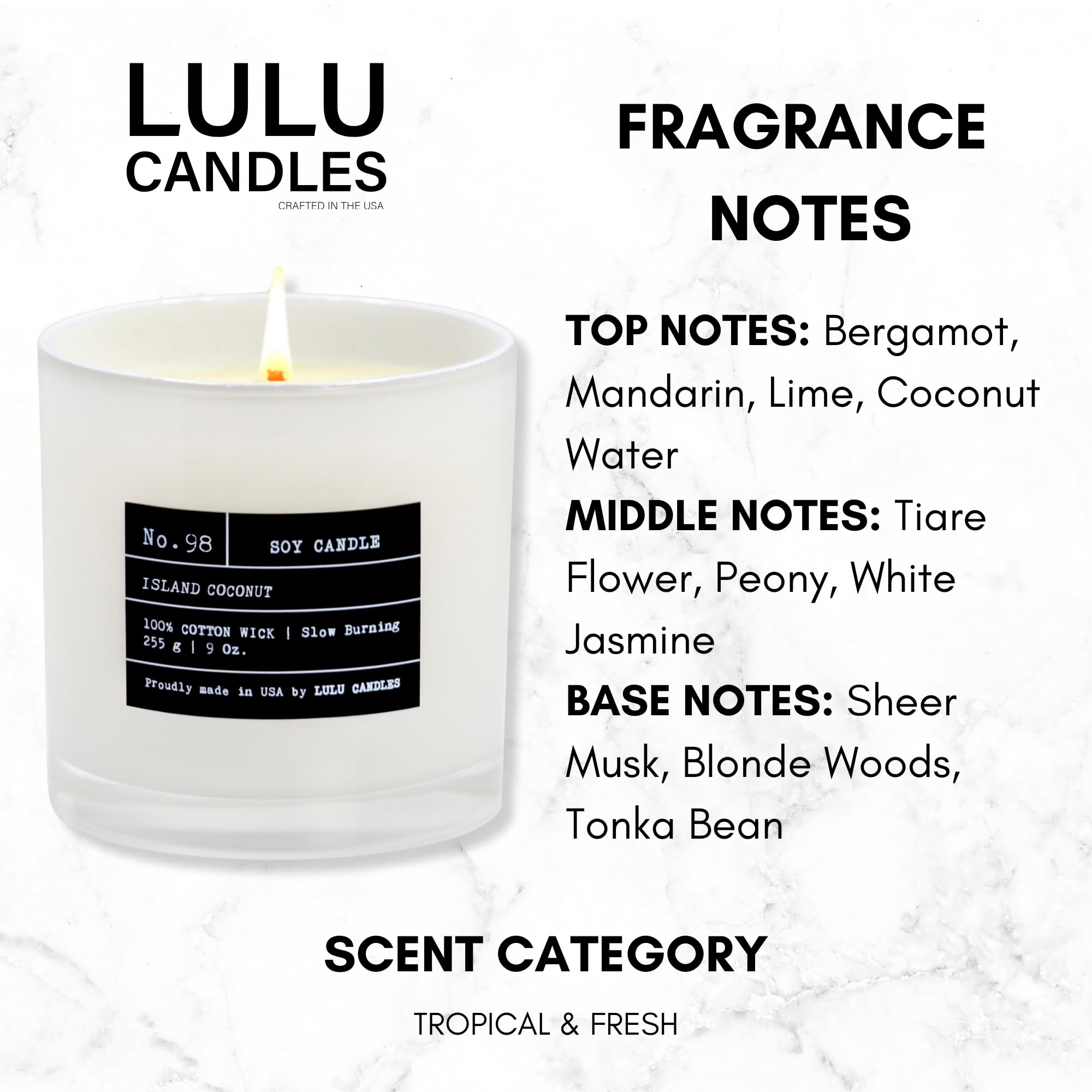Lulu Candles - Island Coconut Scented Soy Wax Candle | Hand-Poured in USA | Long-Lasting 9oz Jar Candle for Home, Spa & Relaxation | Coconut Fragrance for Aromatherapy & Gift Giving