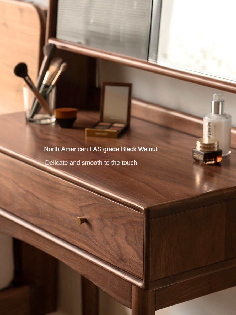 Solid Black Walnut Wood Mirror Dressing Table with Storage | Makeup Vanity Desk for Bedroom | Elegant Bedroom Furniture & Cosmetics Organizer