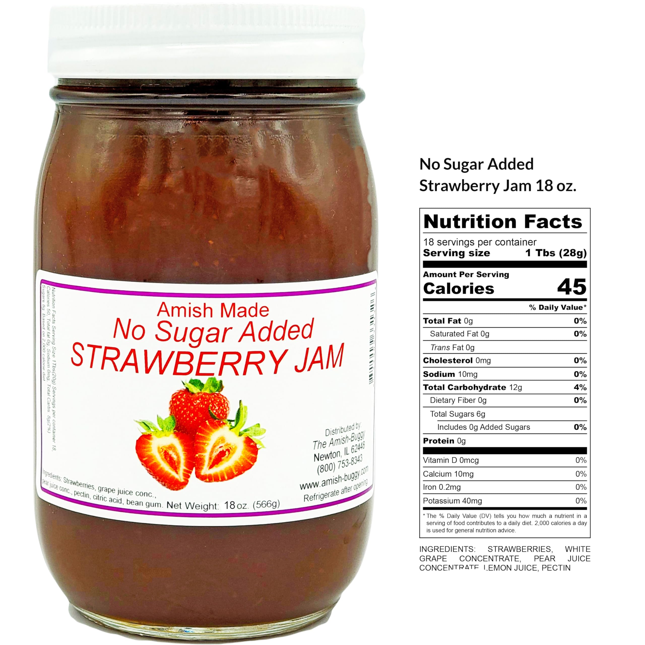 Organic Amish Strawberry Jam - No Sugar Added, Non-GMO, Gluten-Free - 2 Pack 16oz Jars by Arndts Fudgery - Perfect for Toast, Pancakes & Gift Giving