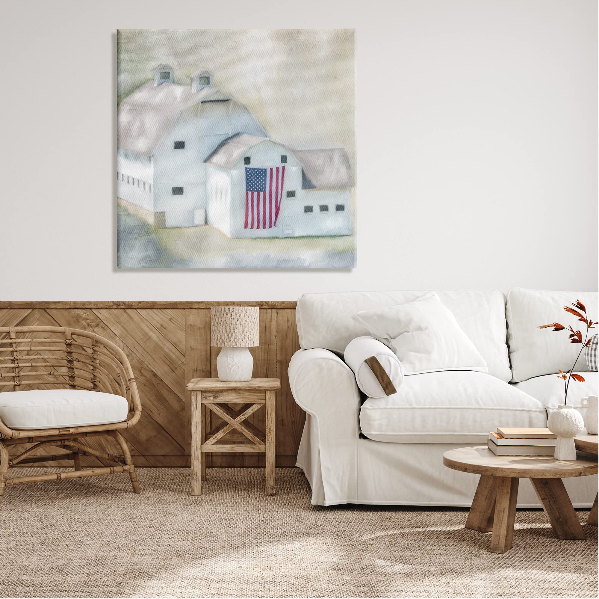 Stupell Industries American Flag White Farmhouse Barn Wall Art - Rustic Countryside Decor by Kim Allen | Perfect for Living Room, Bedroom & Farmhouse Style Homes