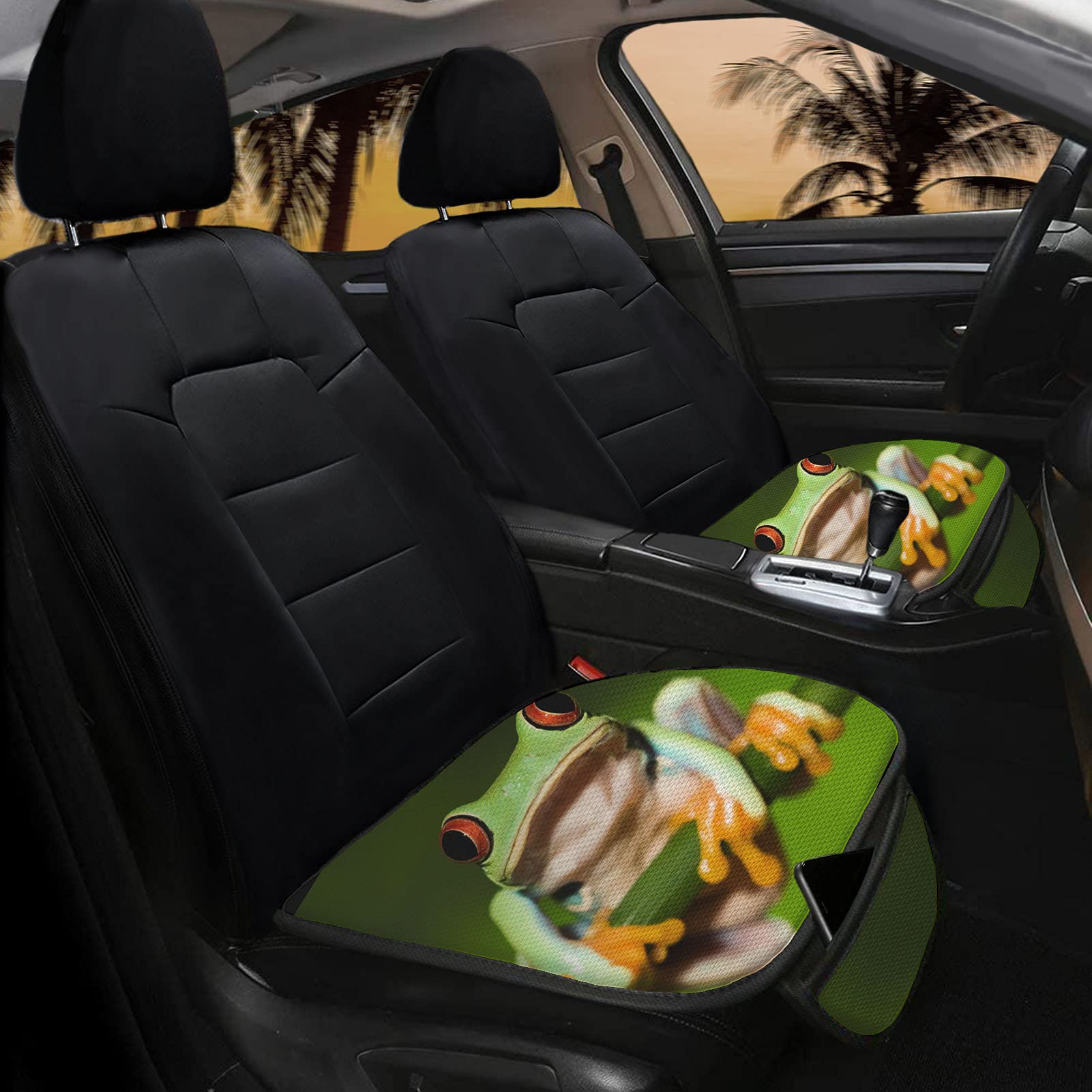 PZZ BEACH Comfortable Car Front Seat Cushion Protector Pads (Set of 2) - Red Eyes Frog Print Design with Storage Pouch | Perfect for Road Trips, Commuting & Long Drives