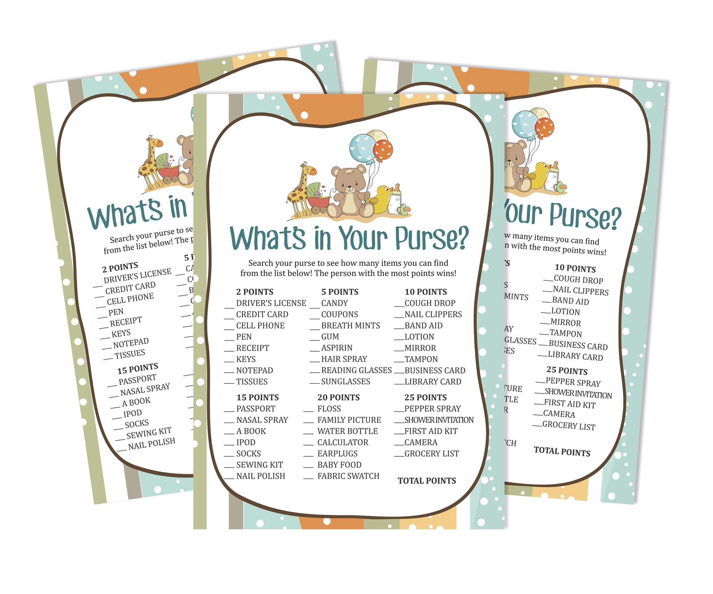 50 Sheets What's in Your Purse Baby Shower Game Cards - Gender Neutral Baby Shower Activity for Boys & Girls - Fun Party Games & Baby Shower Supplies - Perfect for Baby Showers, Birthday Parties & Family Gatherings