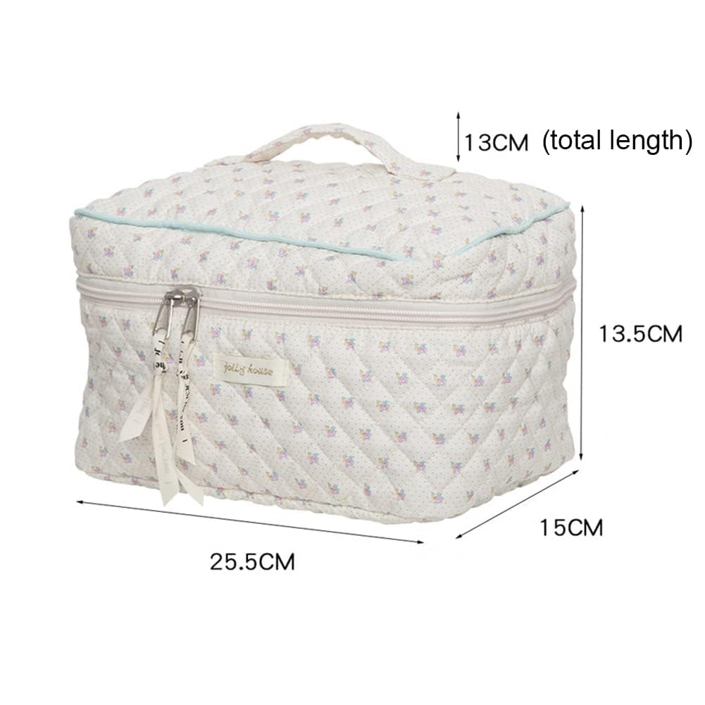 Floral Cotton Makeup Bag for Women & Girls - Large Quilted Travel Cosmetic Pouch, Cute Coquette Aesthetic Toiletry Organizer - Perfect for Travel, Gym, and Daily Beauty Essentials