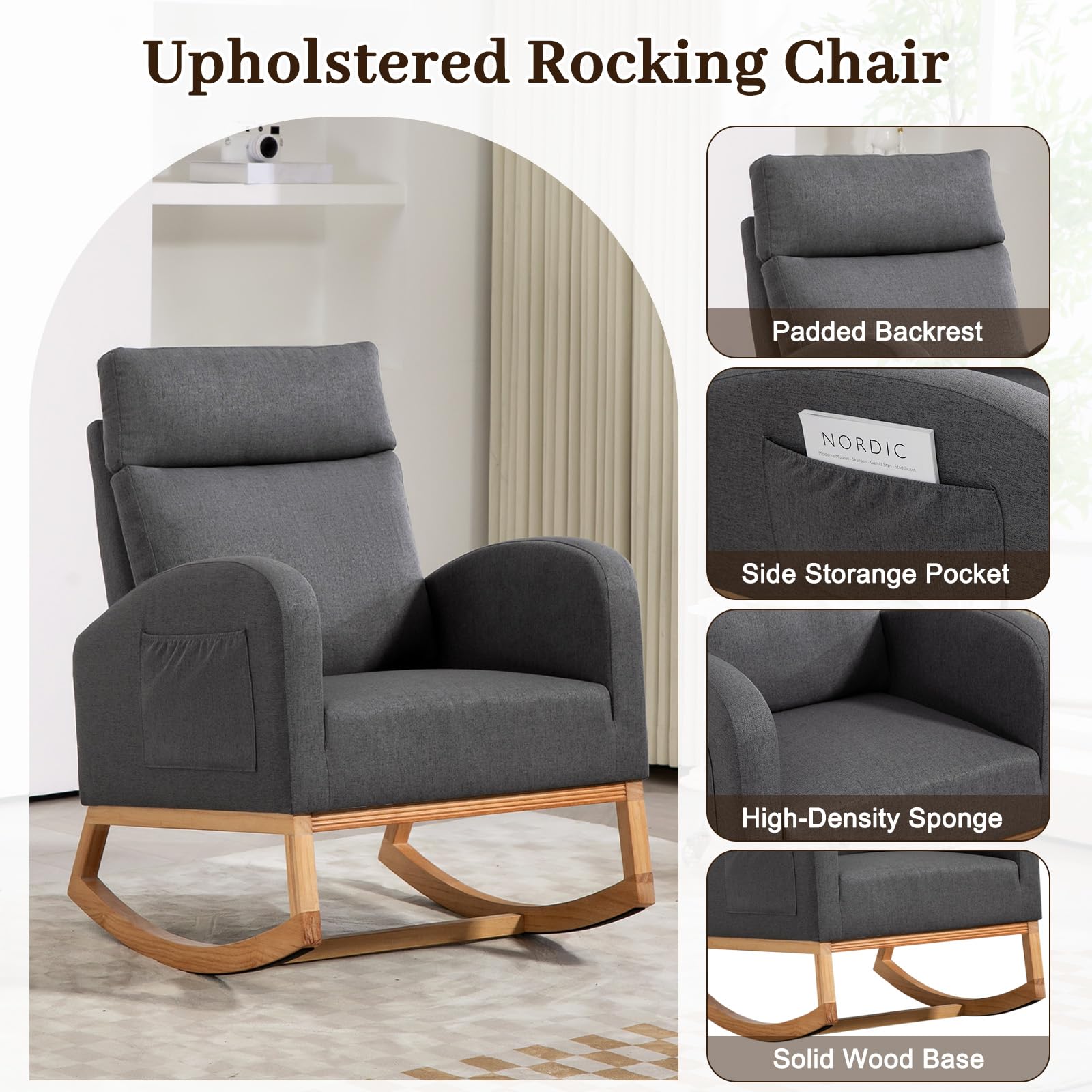 Nursery Glider Rocking Chair with High Backrest & Side Pockets - Upholstered Rubber Wood Rocker for Baby Nursery, Living Room & Bedroom - Dark Gray - Perfect for Breastfeeding, Reading & Relaxing