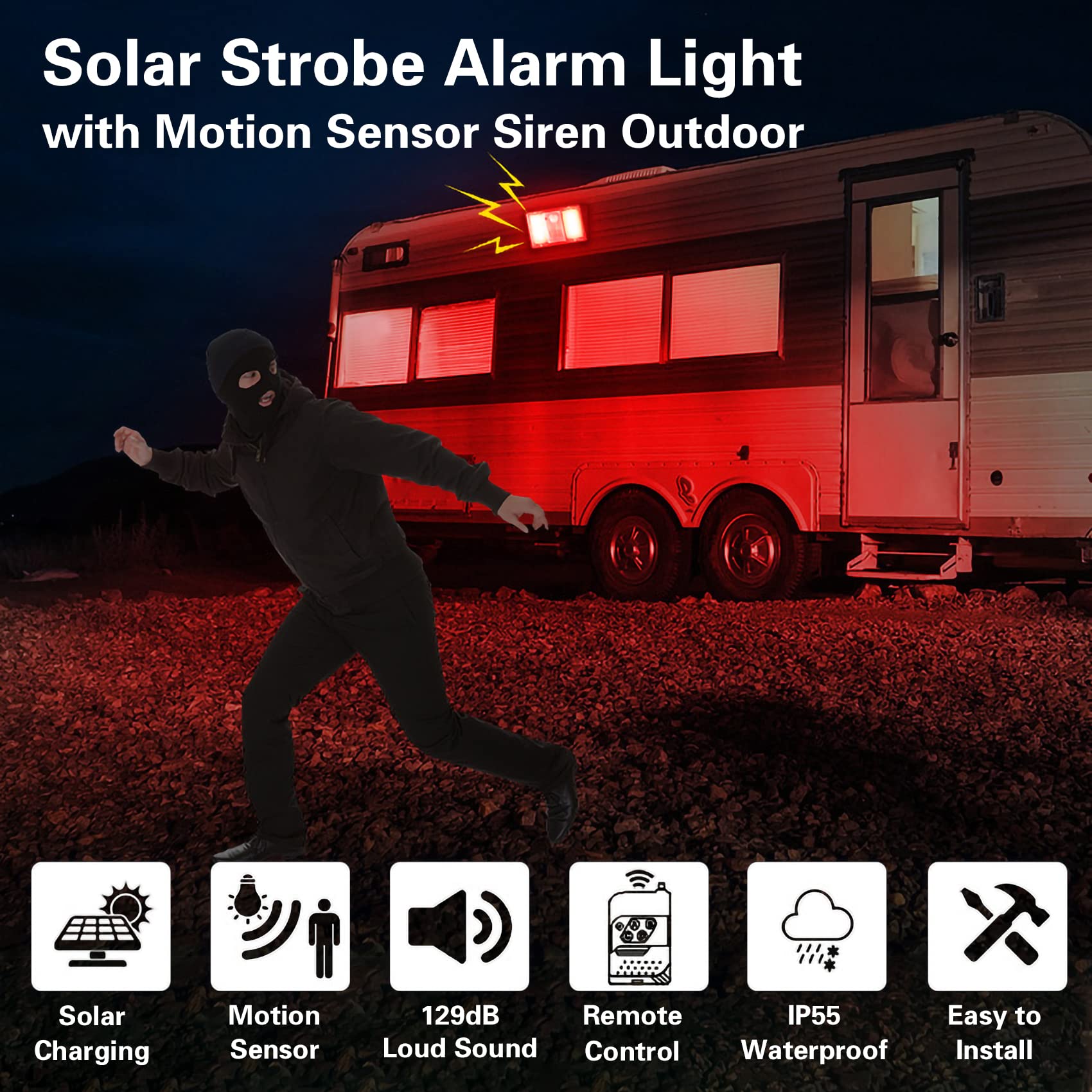 Keeda Solar Security Lights Outdoor with Motion Sensor, 129dB Alarm & Strobe Light - Waterproof, Remote Control, 3 Modes for RV, Motorhome, Driveway, Patio, Yard (Pack of 2) - Perfect for Home Security & Nighttime Illumination