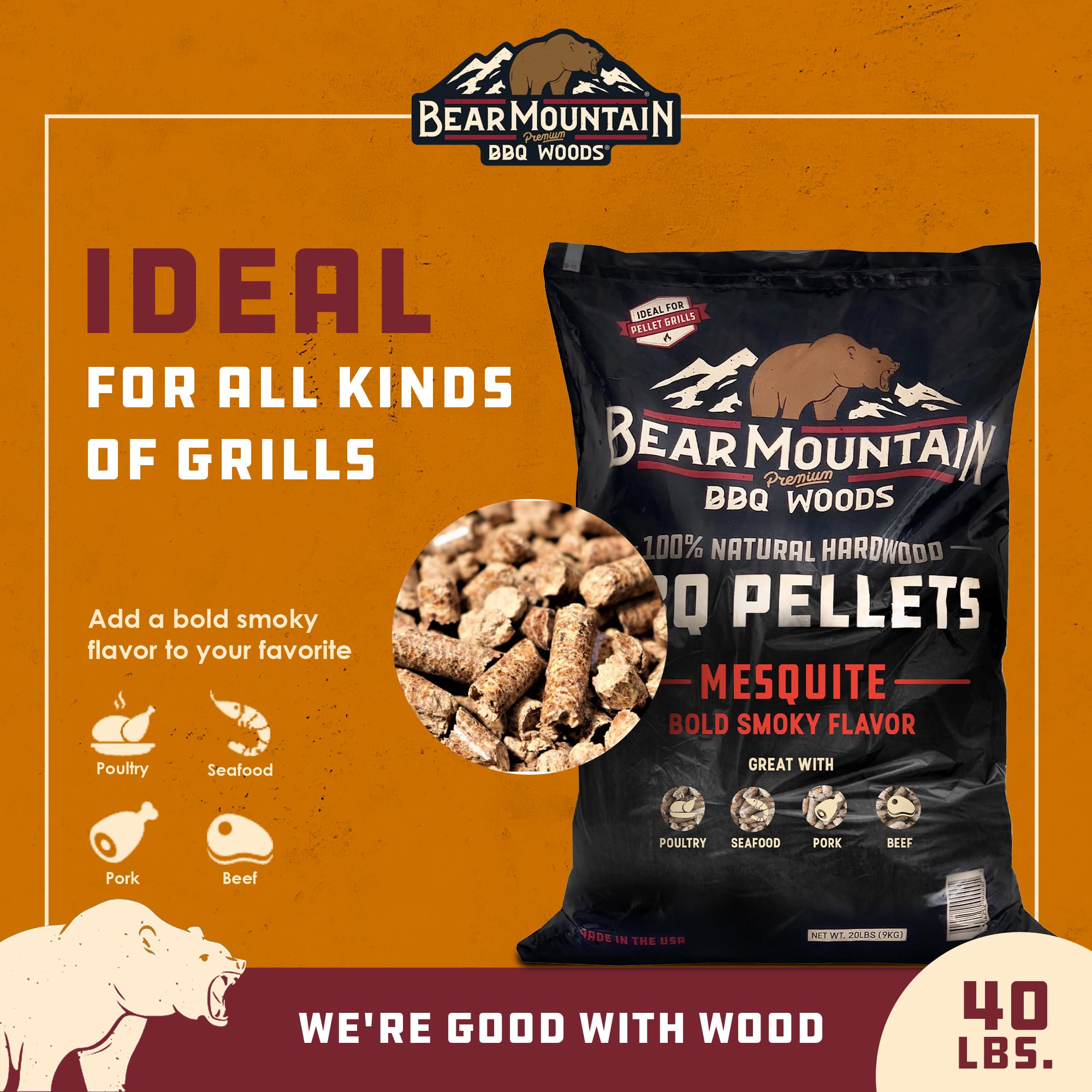 Bear Mountain All Natural Mesquite Wood Pellets for Smoker, Grill & BBQ - 40 lbs | Perfect for Smoking Meats, Grilling Steaks & Outdoor Cooking