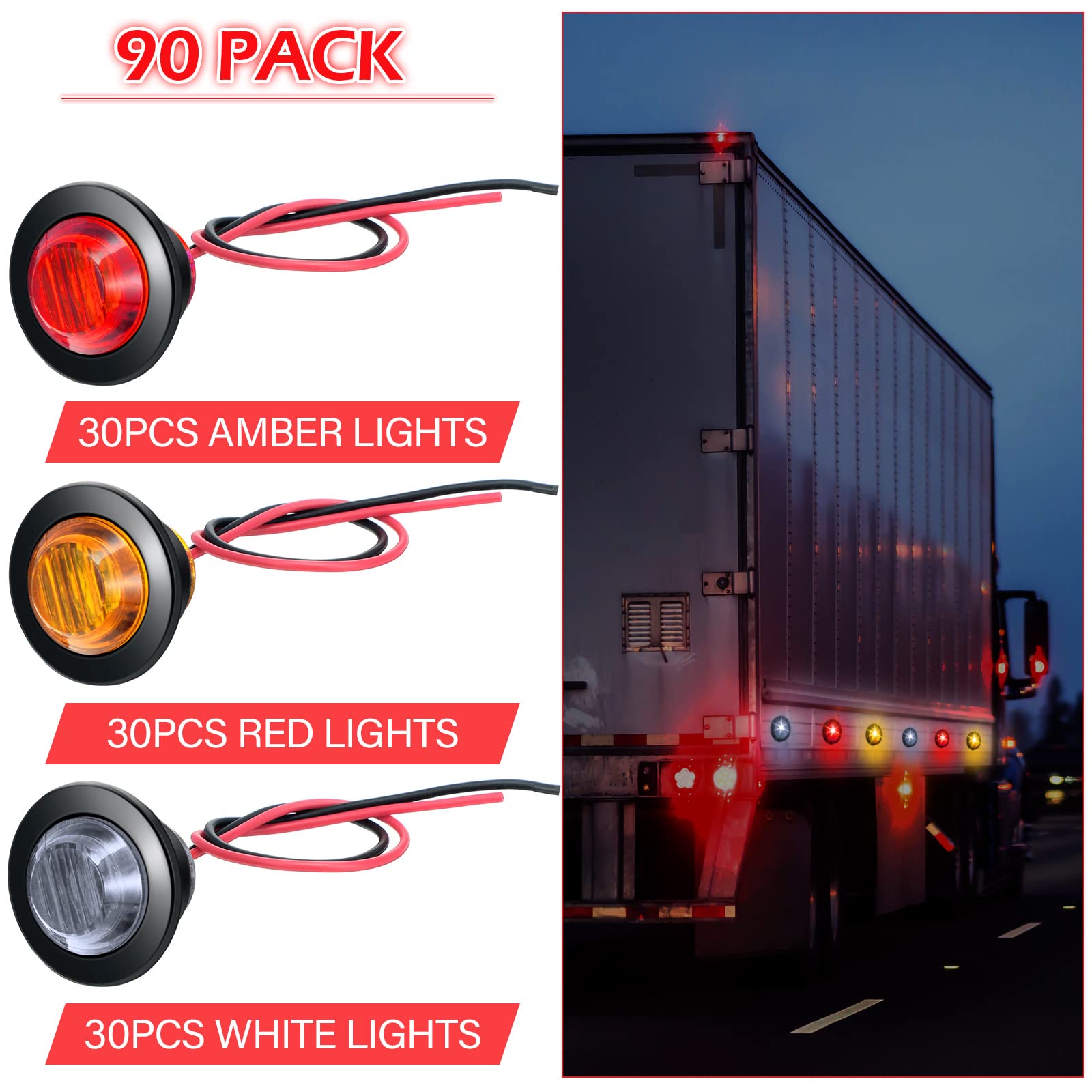 90 Pack 3/4 Inch LED Side Marker Lights - Mini Trailer Button Lights with 3 LED Sealed Flush Mount Bulb - 12V DC Amber/Red/White Round Signal Lamps for Boat, Truck, Pickup, Bus & RVs - Perfect for Night Driving & Safety Visibility