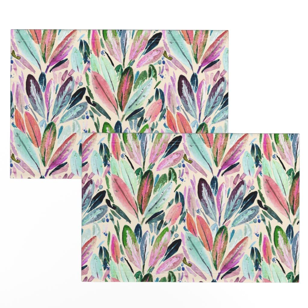 Spoonflower Linen Cotton Canvas Placemats Set of 2 - Watercolor Tropical Feathers Boho Print Table Mats for Dining, Kitchen Decor, and Nursery Room Styling