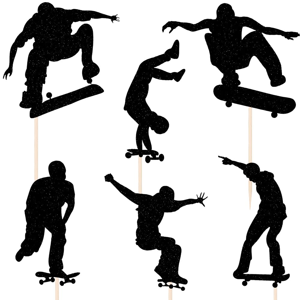 LVEUD 7PCS Black Glitter Skateboard Happy Birthday Cake Toppers - Perfect for Skateboard Birthday Party Decorations & Sport Theme Celebrations | Ideal for Cake Decor, Party Supplies, and Skateboarding Enthusiast Events