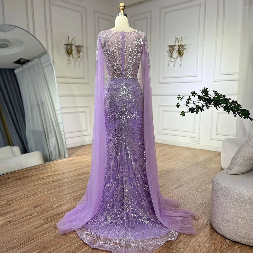 Elegant Dubai Arabic Lilac Beaded Mermaid Evening Gown with Cape Sleeves for Women - Luxury Party Dress for Weddings, Galas & Special Occasions | Serene Hill Collection LA72532