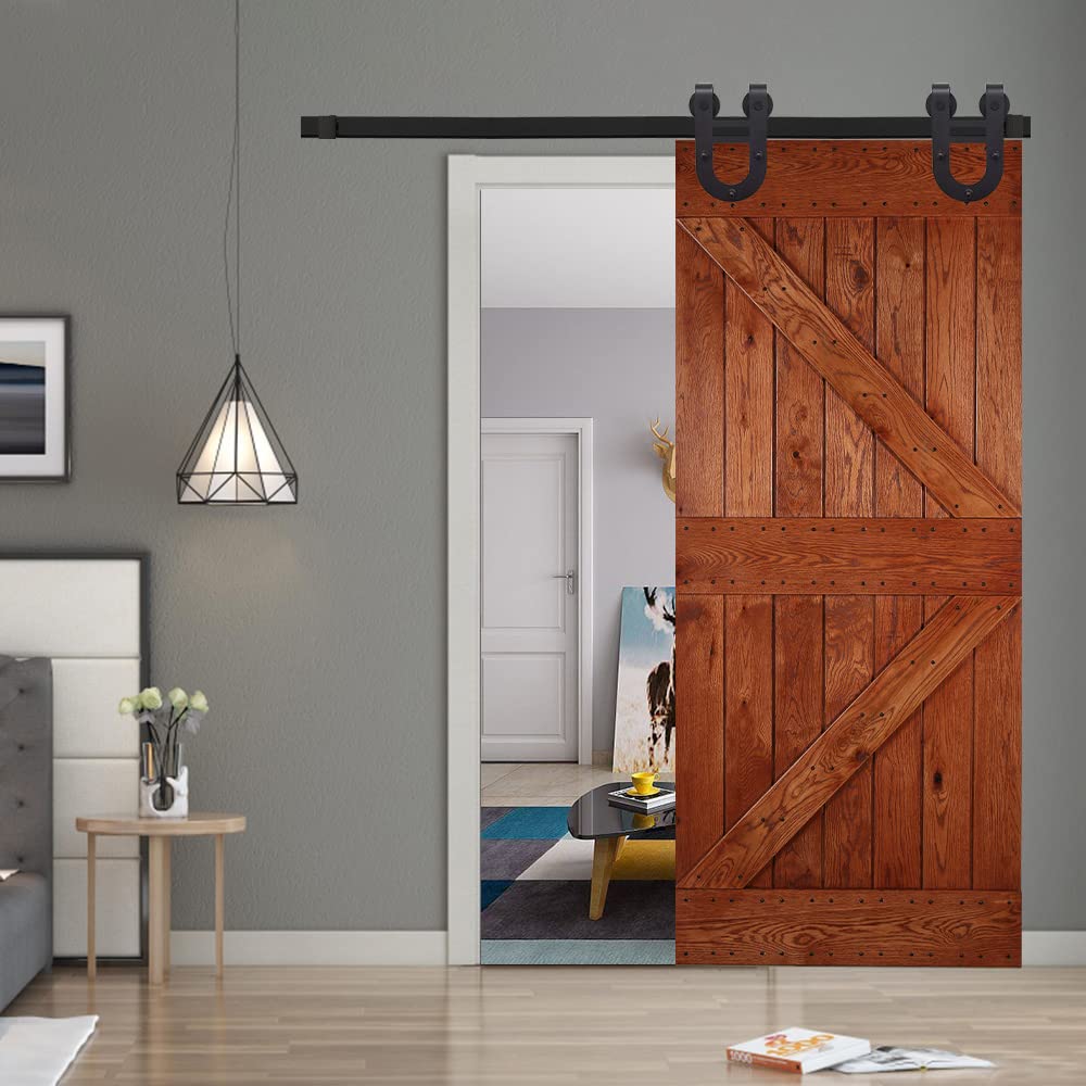 12.6FT Heavy Duty Sliding Barn Door Hardware Kit - Rustic Horseshoe Hanger Roller Track System for Single 75.6