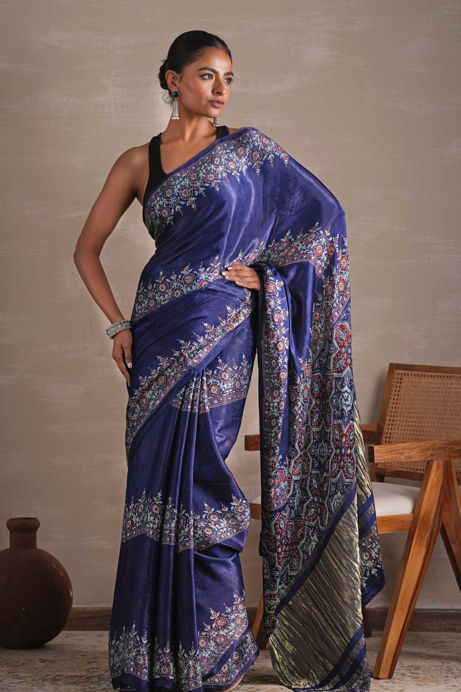 Azure Blossom Hand Block Printed Modal Tissue Saree - Soft Breathable Indian Traditional Dress for Women - Perfect for Weddings, Festivals & Special Occasions