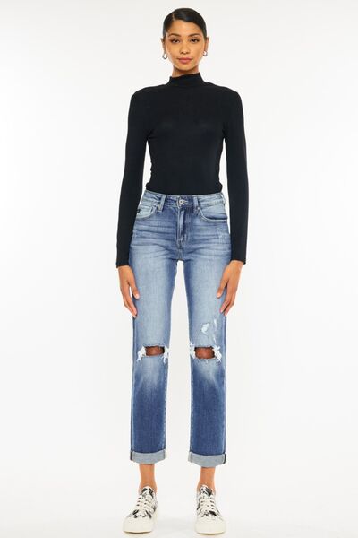 Kancan Women's High Waist Distressed Hem Cropped Straight Jeans - Trendy Denim Pants for Casual Outfits, Street Style & Everyday Wear