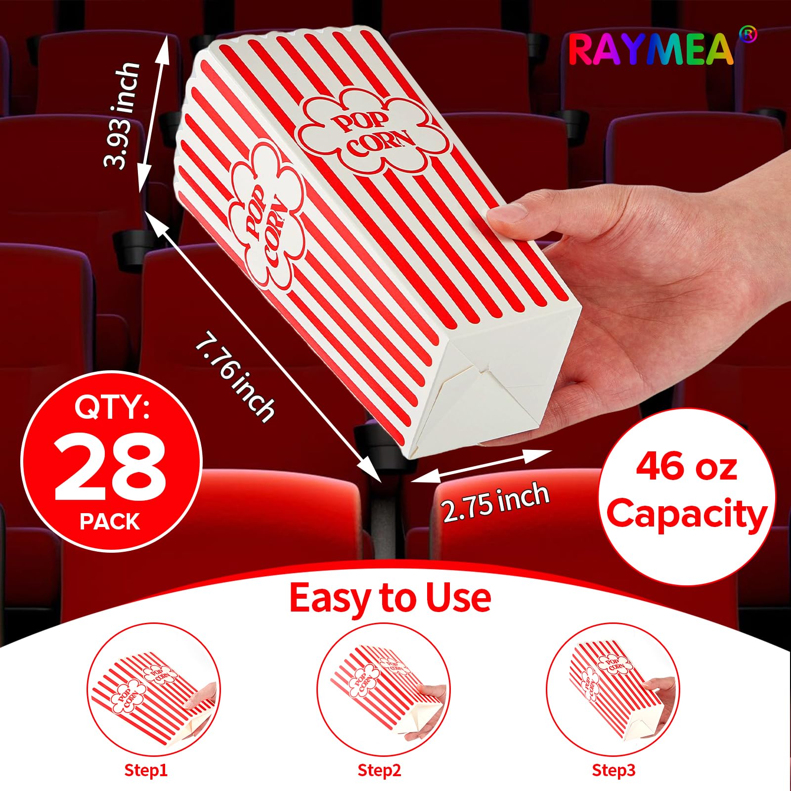 RAYMEA 46 Oz Disposable Popcorn Containers - 28 Pack Red & White Striped Cardboard Popcorn Boxes for Movie Theater, Birthday Parties, and Carnival Events - Bulk Popcorn Holders for Snacks, Concessions, and Home Movie Nights