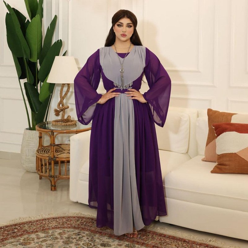 Elegant Muslim Women's Dubai Chiffon Abaya with Tassel - Modest Islamic Dress for Prayer, Eid, and Special Occasions