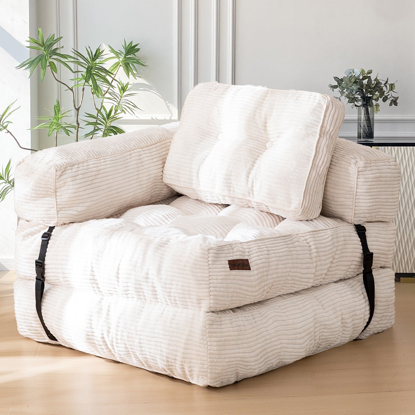 MAXYOYO L-Shaped Convertible Sofa Bed - Foldable Sleeper Sofa with Armrest, Beige | Perfect for Small Spaces, Guest Rooms & Apartments