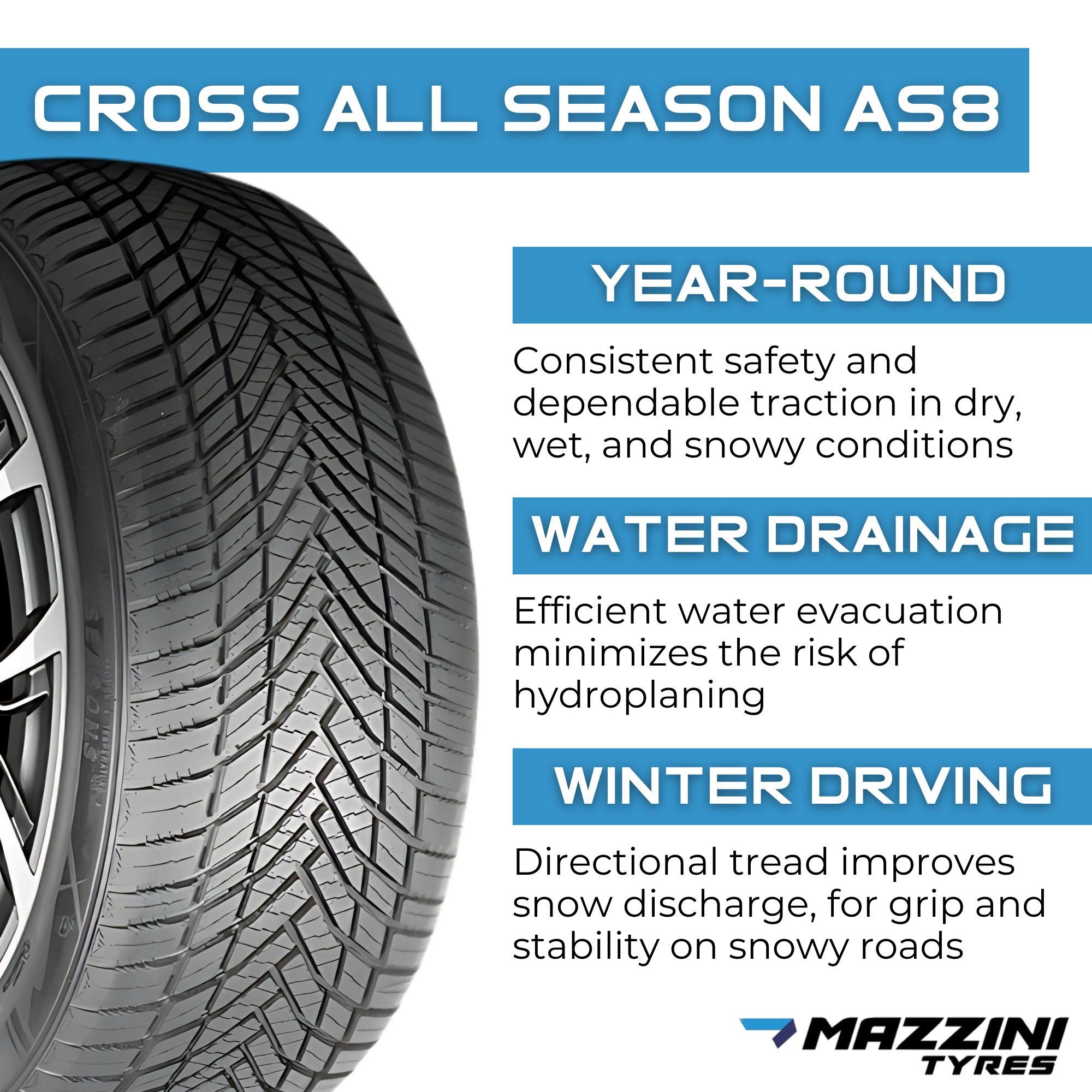 Mazzini Cross All Season AS8 185/60R15 88H Tires - High Performance All-Weather Tires for Sedans, SUVs & Compact Cars - Perfect for Daily Commuting, Highway Driving & All-Season Traction
